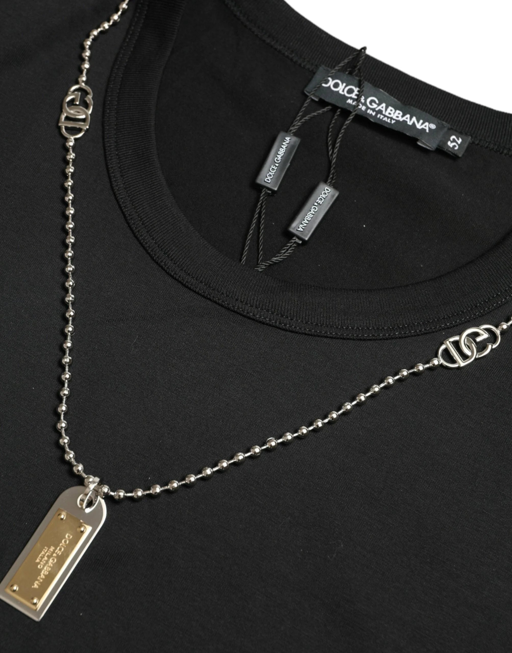 Dolce & Gabbana Black Cotton Dog Tag Round Neck T-shirt - IT52 | L - T-Shirts