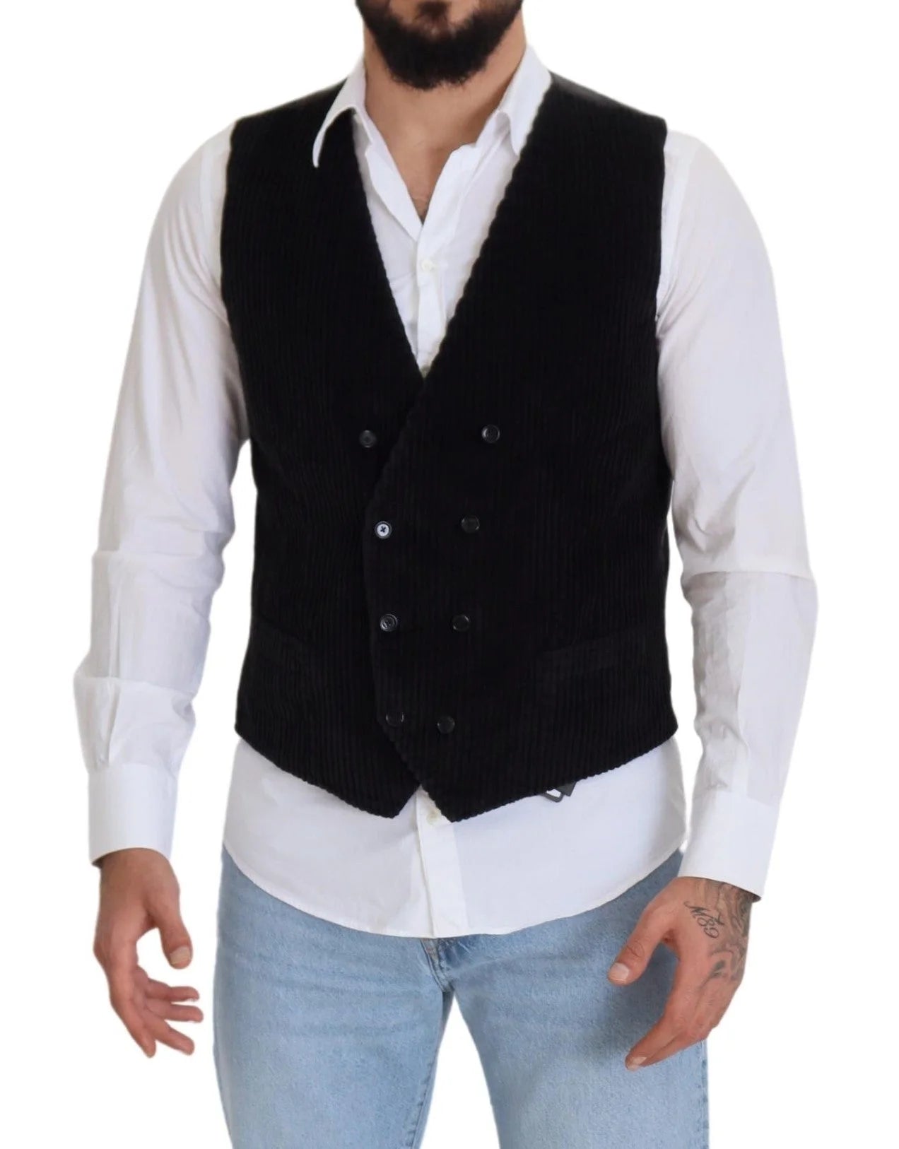 Dolce & Gabbana Black Cotton Double Breasted Waistcoat Vest - Vests