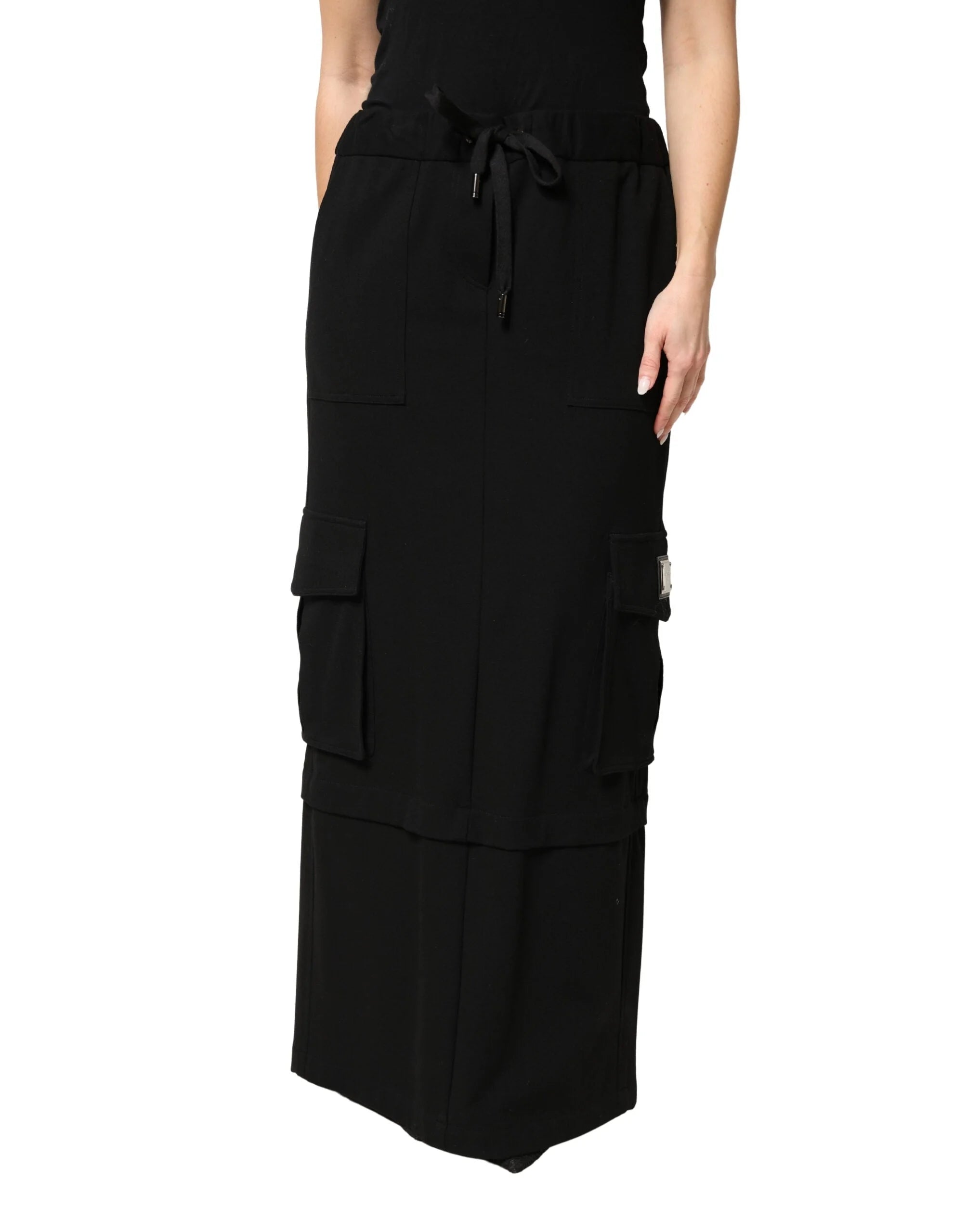 Dolce & Gabbana Black Cotton Drawstring Long Maxi Cargo Skirt - IT40|S