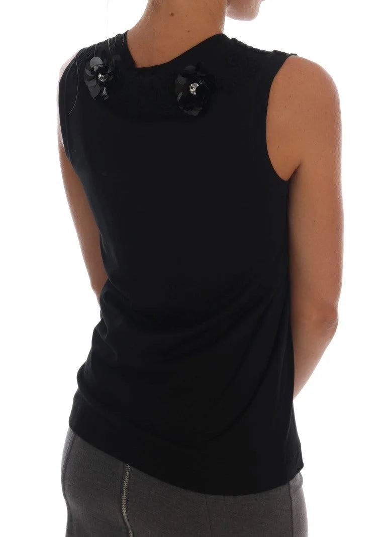 Dolce & Gabbana Black Cotton Floral Crystal Tank Top - IT40|S - Tank Tops