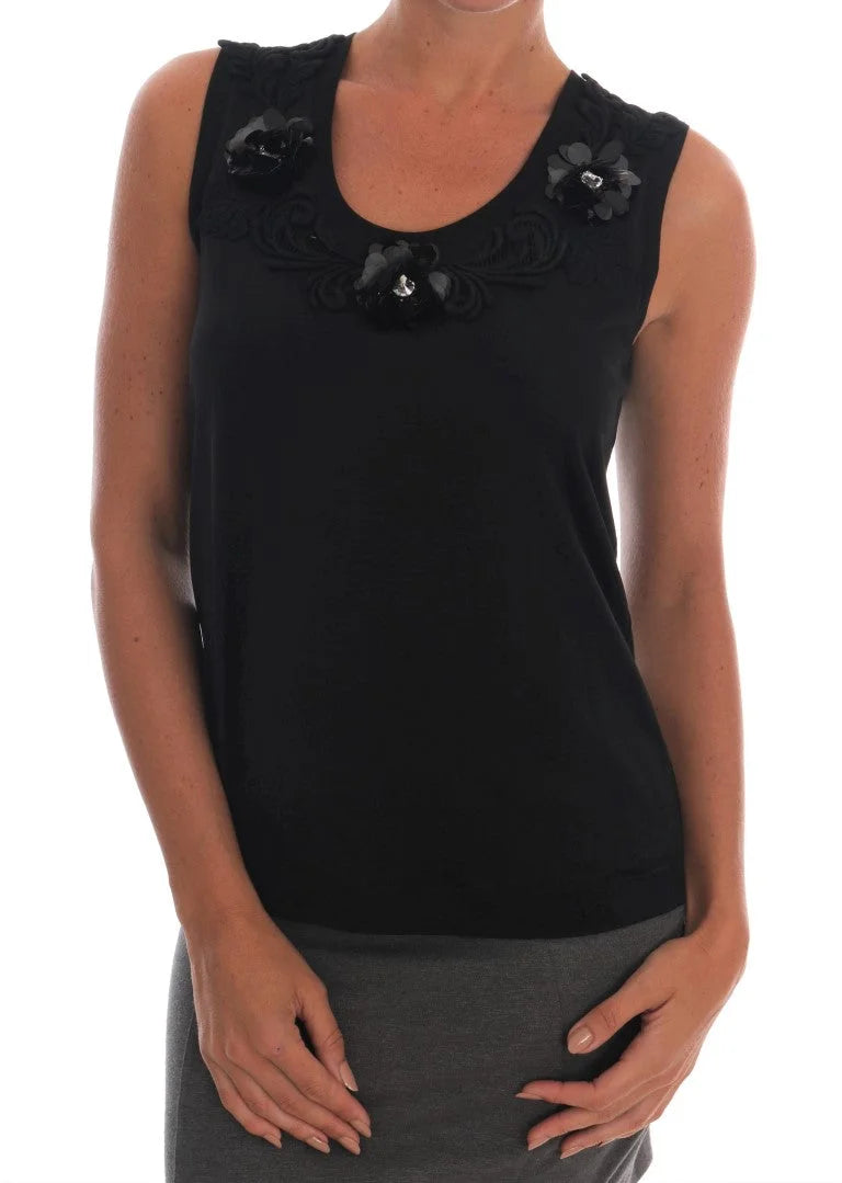 Dolce & Gabbana Black Cotton Floral Crystal Tank Top - IT40|S - Tank Tops