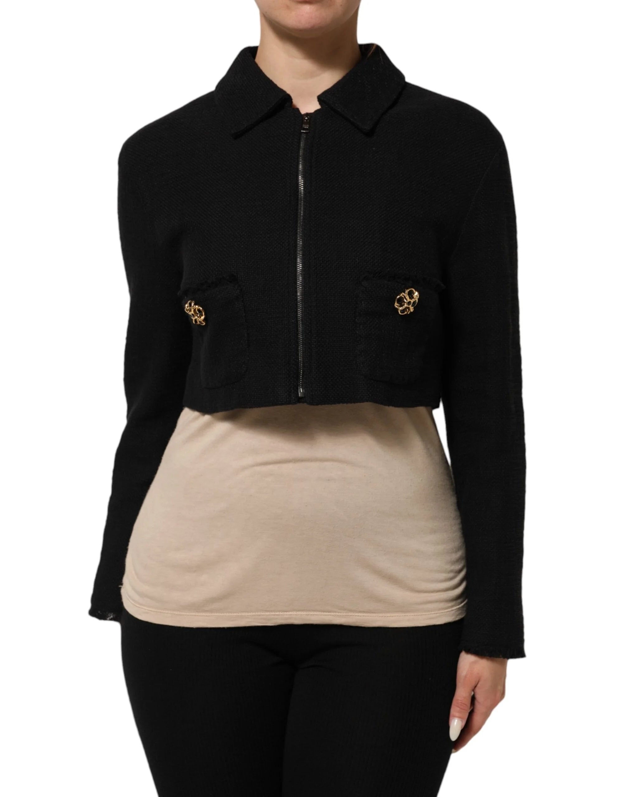 Dolce & Gabbana Black Cotton Full Zip Cropped Coat Jacket - Track Jackets