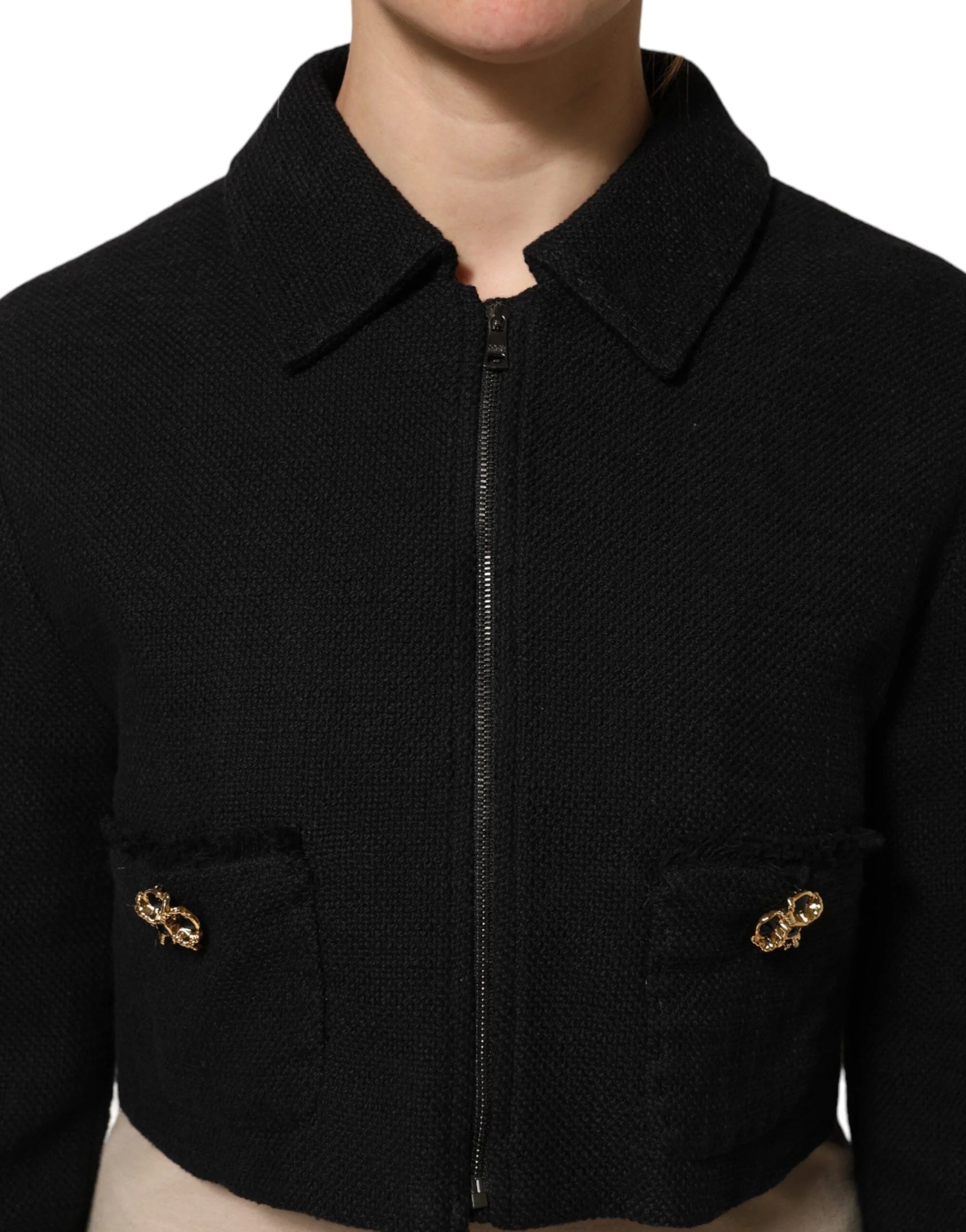 Dolce & Gabbana Black Cotton Full Zip Cropped Coat Jacket - Track Jackets