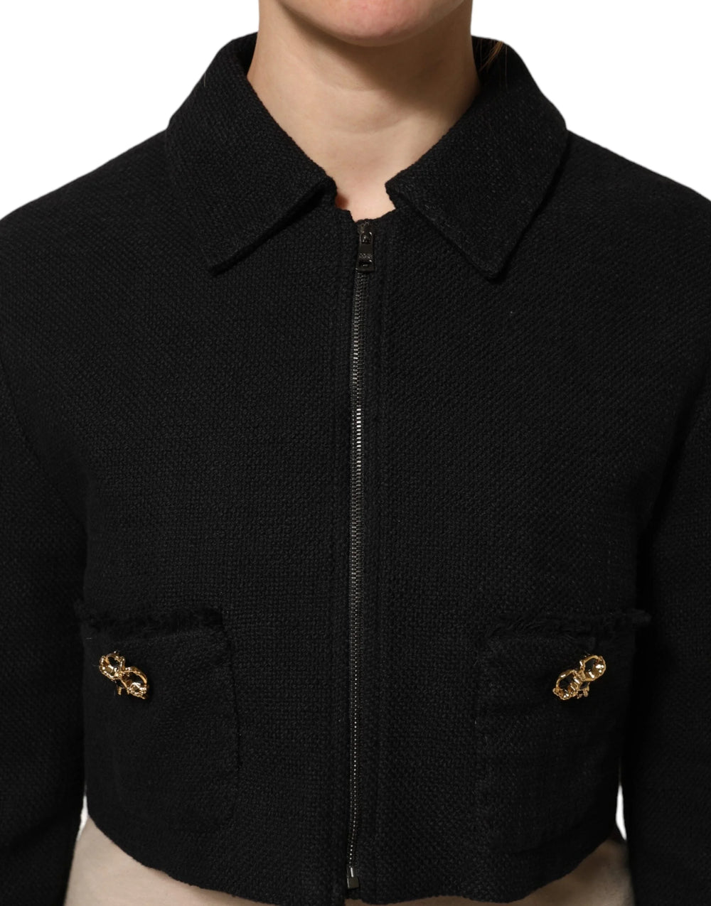 Dolce & Gabbana Black Cotton Full Zip Cropped Coat Jacket - Track Jackets
