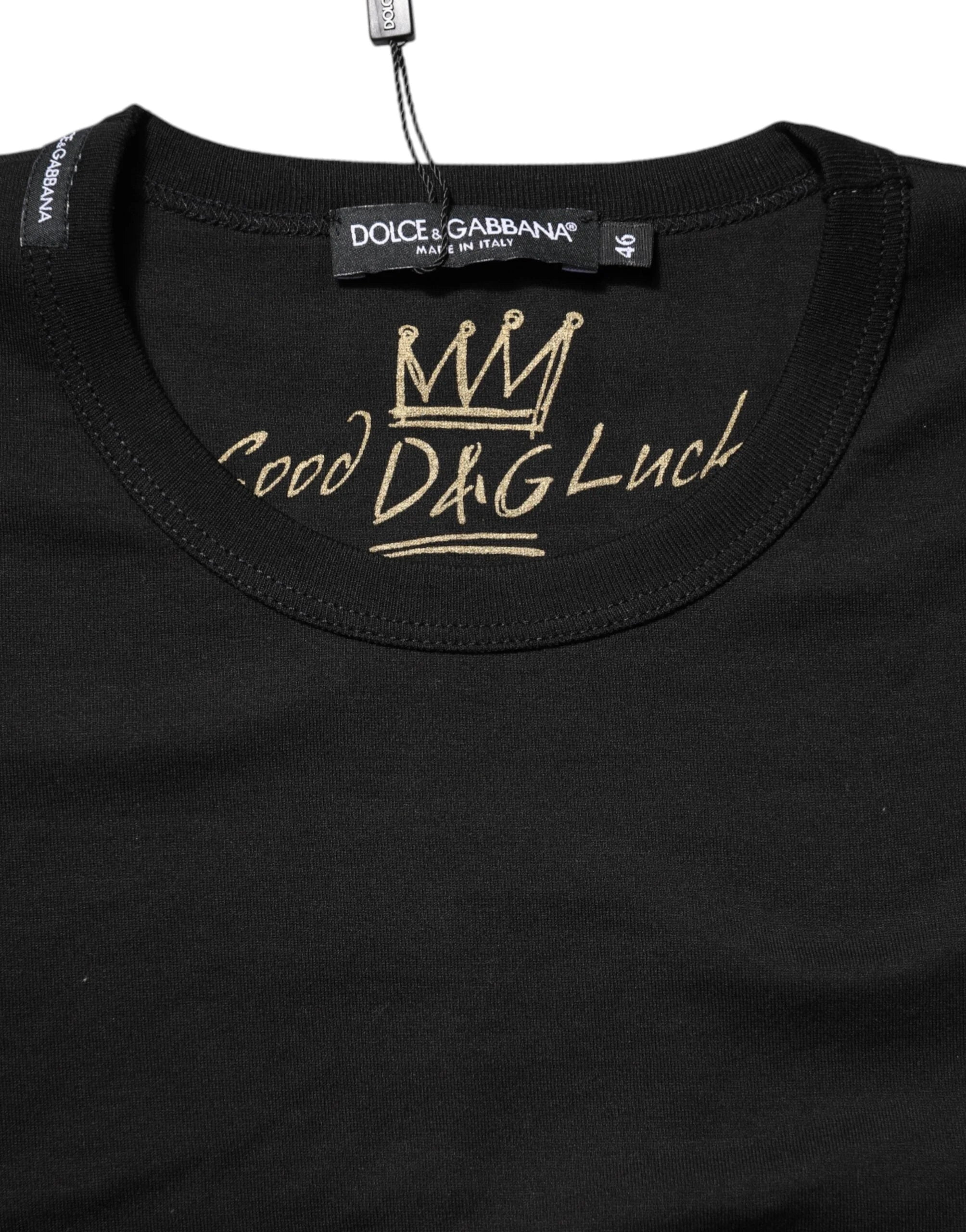 Dolce & Gabbana Black Cotton Goodluck Tee Crew Neck T-shirt - T-Shirts