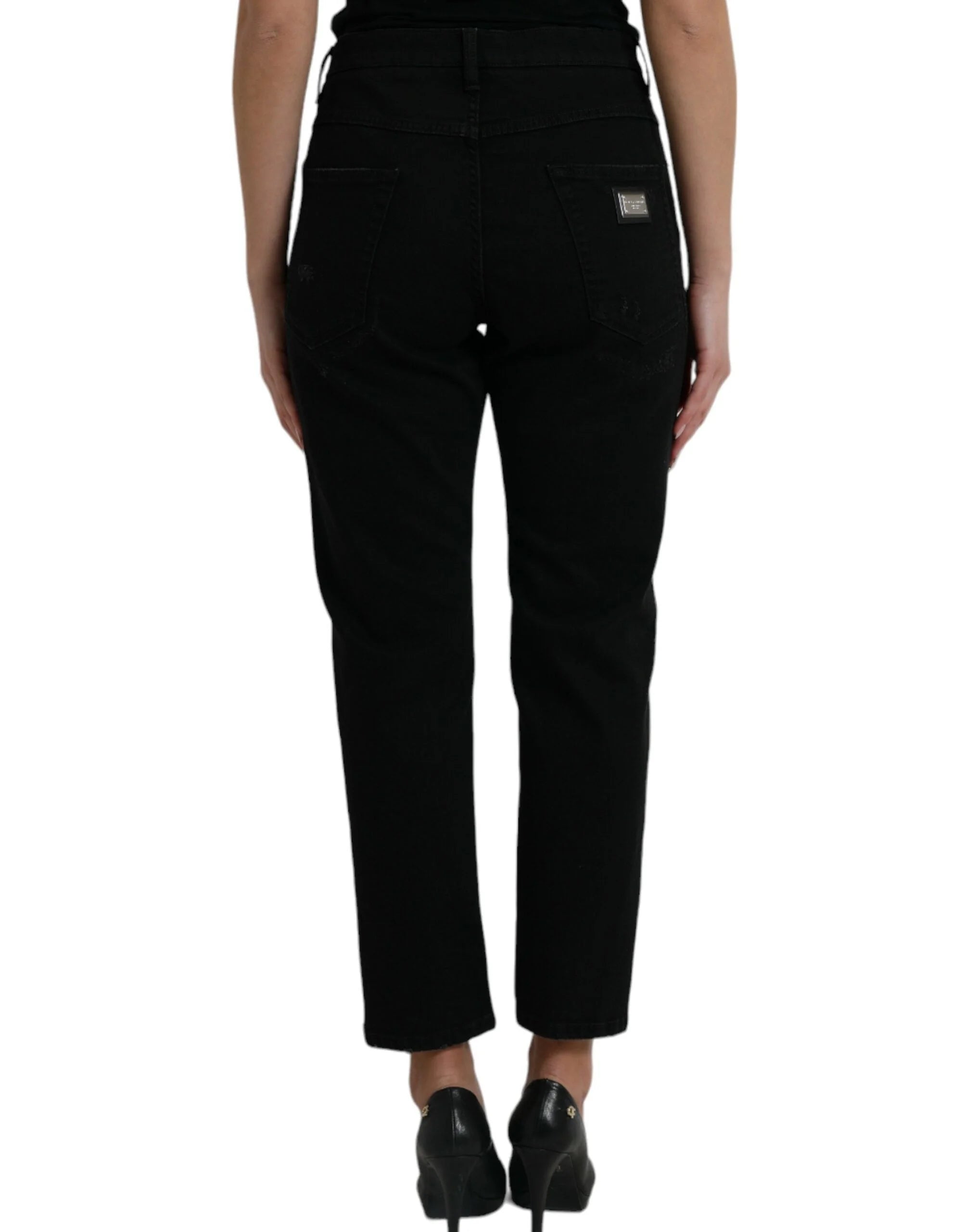 Dolce & Gabbana Black Cotton High Waist Tattered Denim Jeans - IT40|S