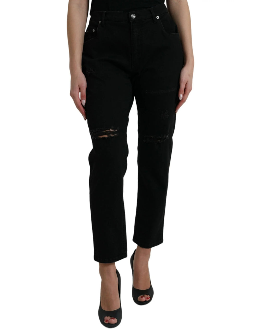 Dolce & Gabbana Black Cotton High Waist Tattered Denim Jeans - IT40|S