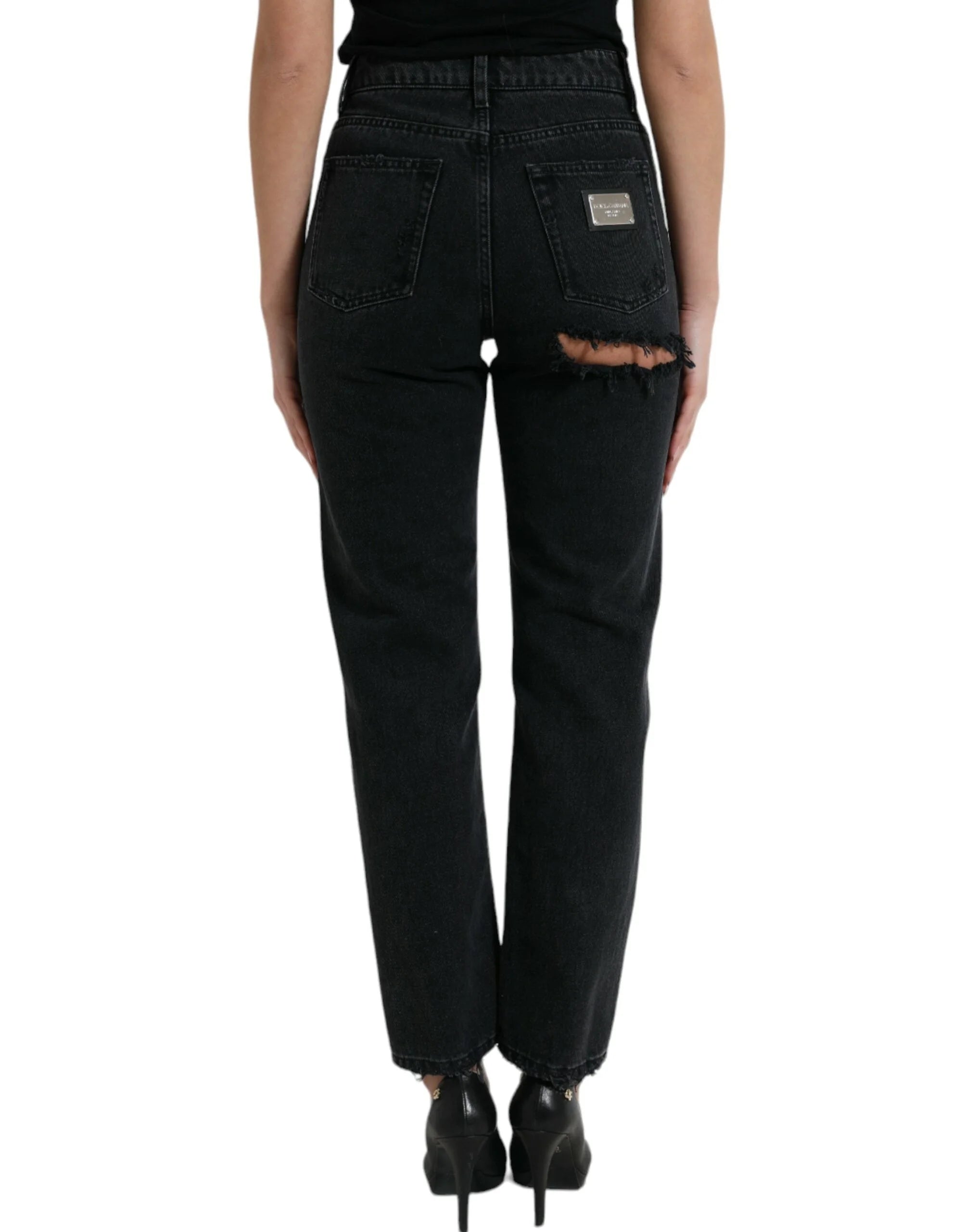 Dolce & Gabbana Black Cotton High Waist Tattered Denim Jeans - IT40|S - Jeans