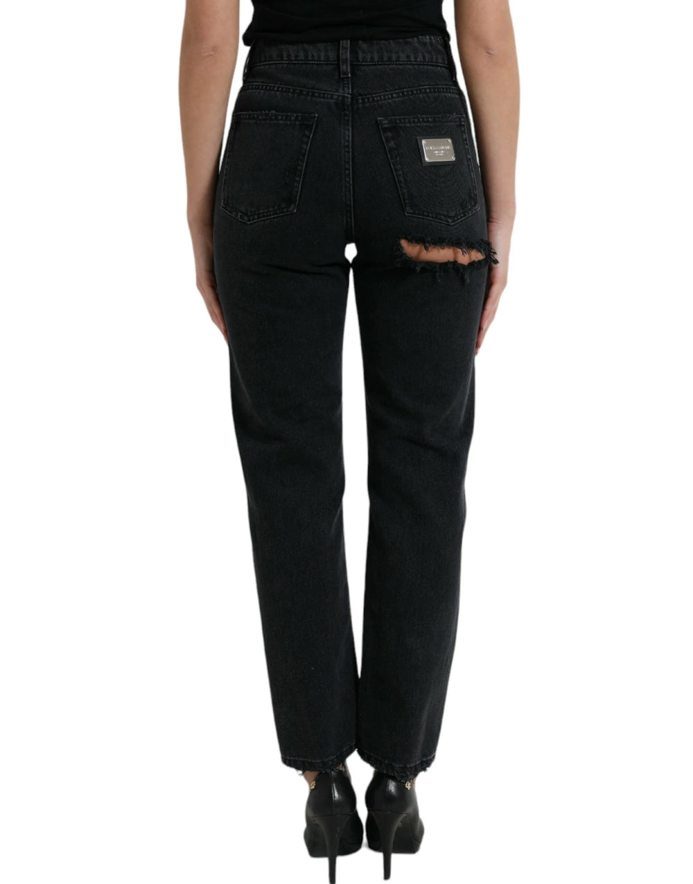 Dolce & Gabbana Black Cotton High Waist Tattered Denim Jeans - IT40|S - Jeans
