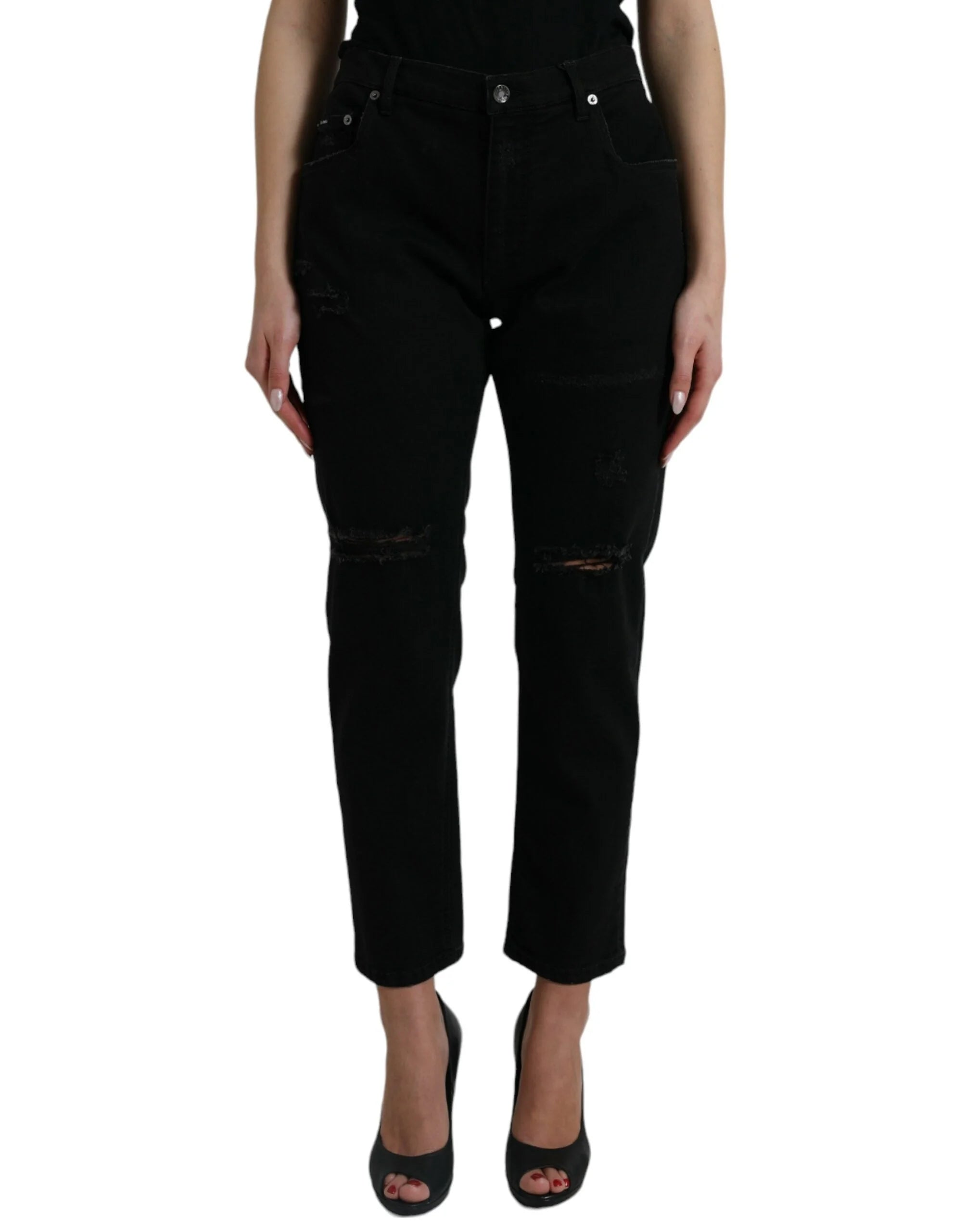 Dolce & Gabbana Black Cotton High Waist Tattered Denim Jeans - IT40|S