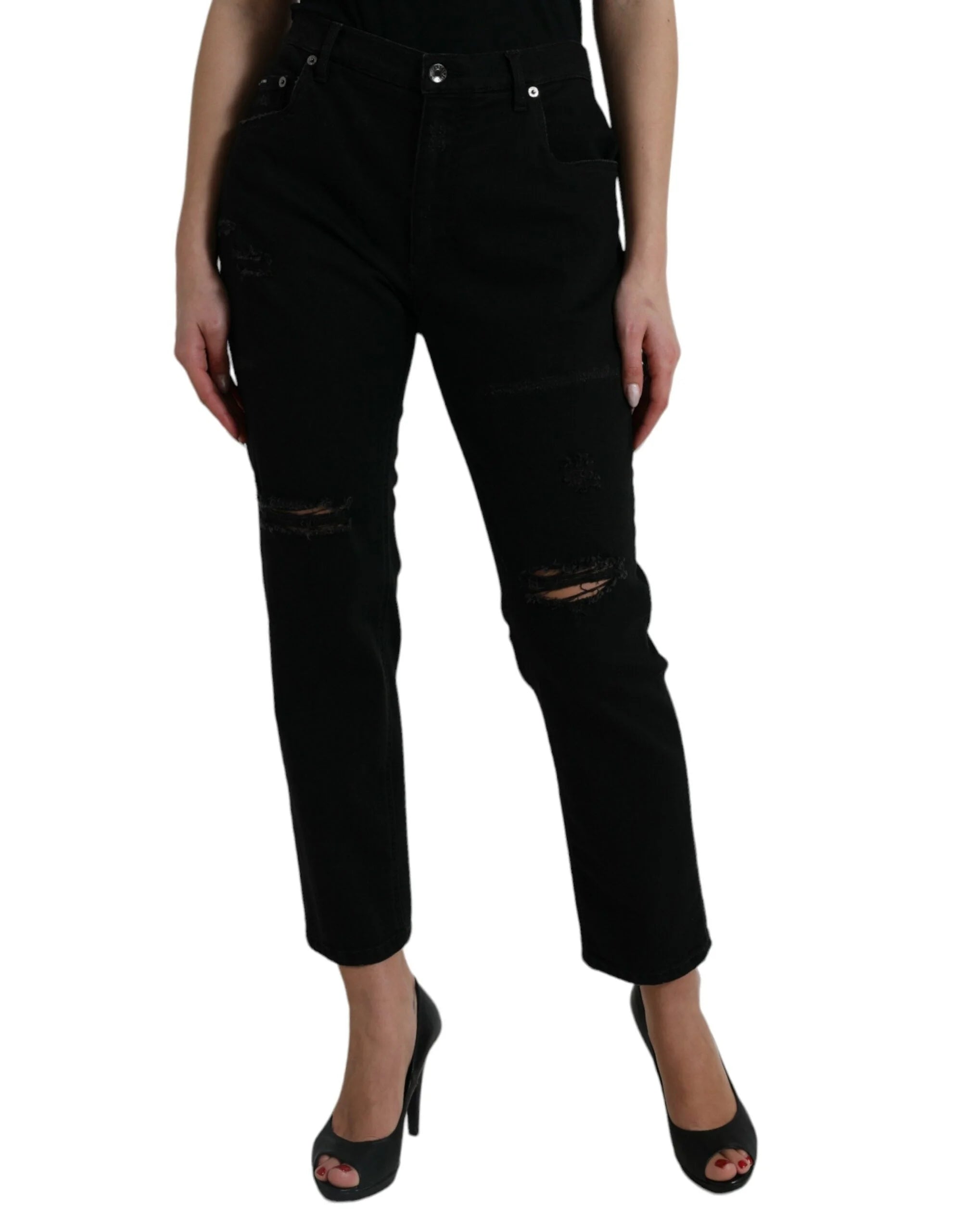 Dolce & Gabbana Black Cotton High Waist Tattered Denim Jeans - IT40|S