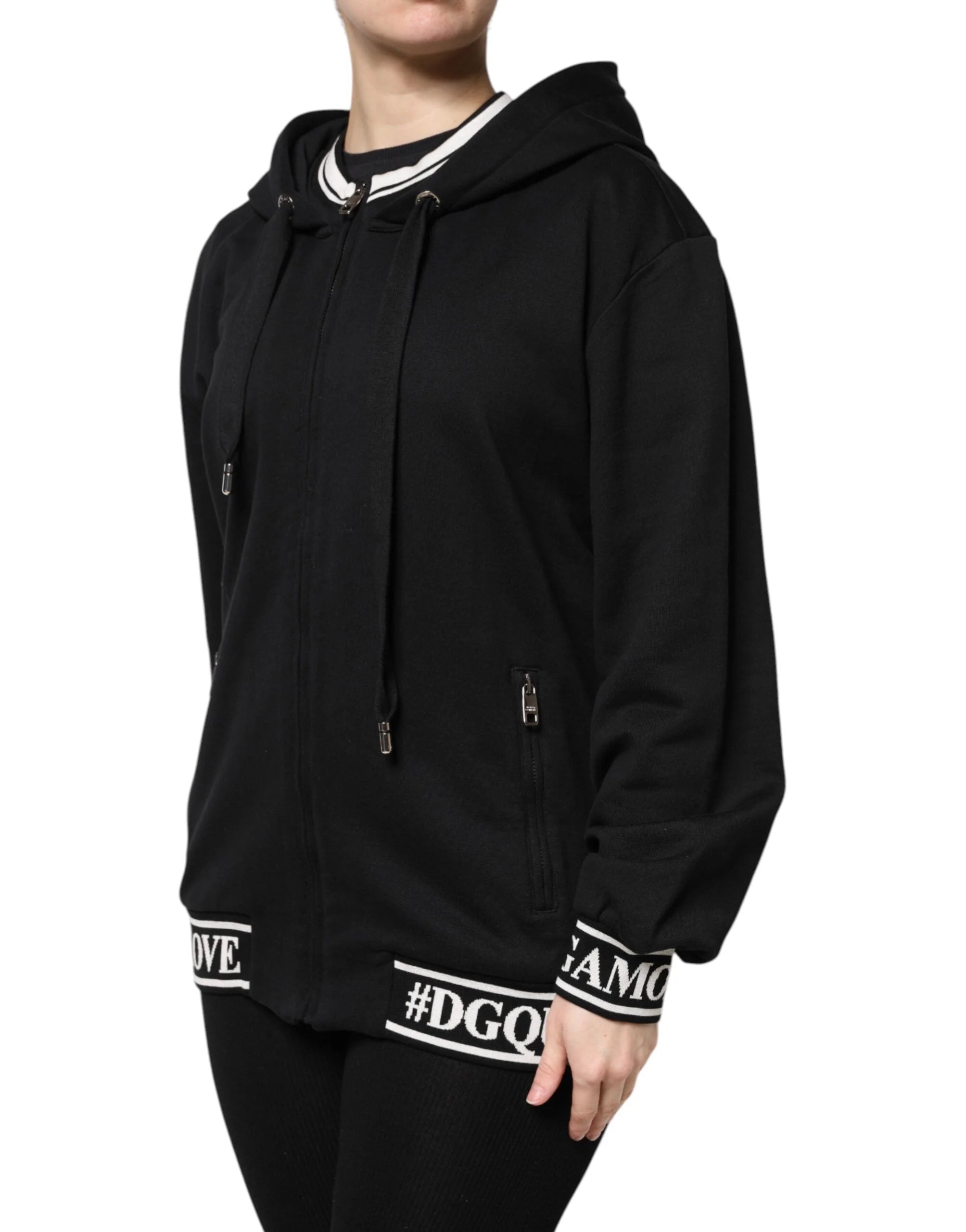 Dolce & Gabbana Black Cotton Hooded Full Zip Sweatshirt Sweater - IT40|S - Hoodies