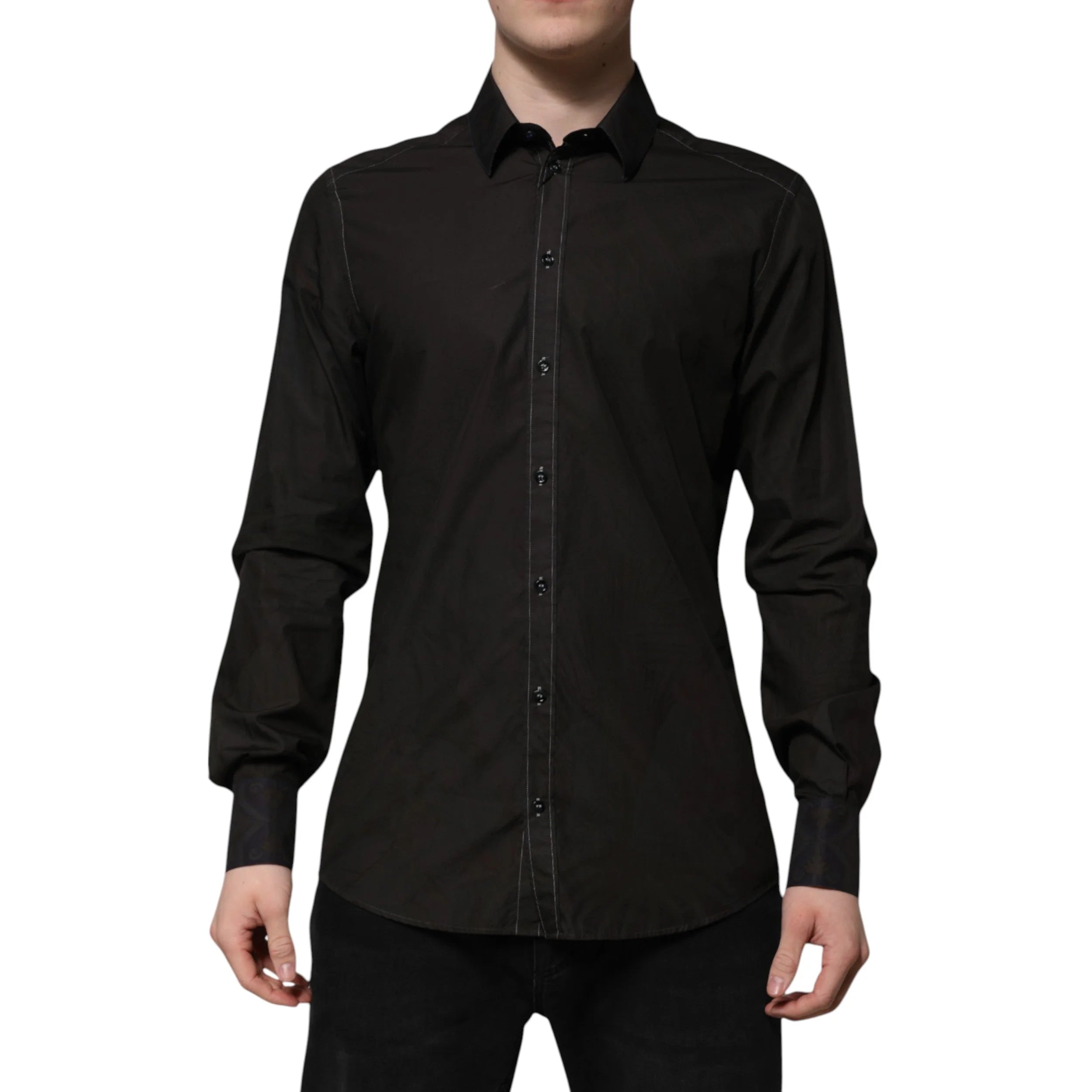 Dolce & Gabbana Black Cotton Jacquard GOLD Collar Dress Shirt - IT41 | L - Shirts