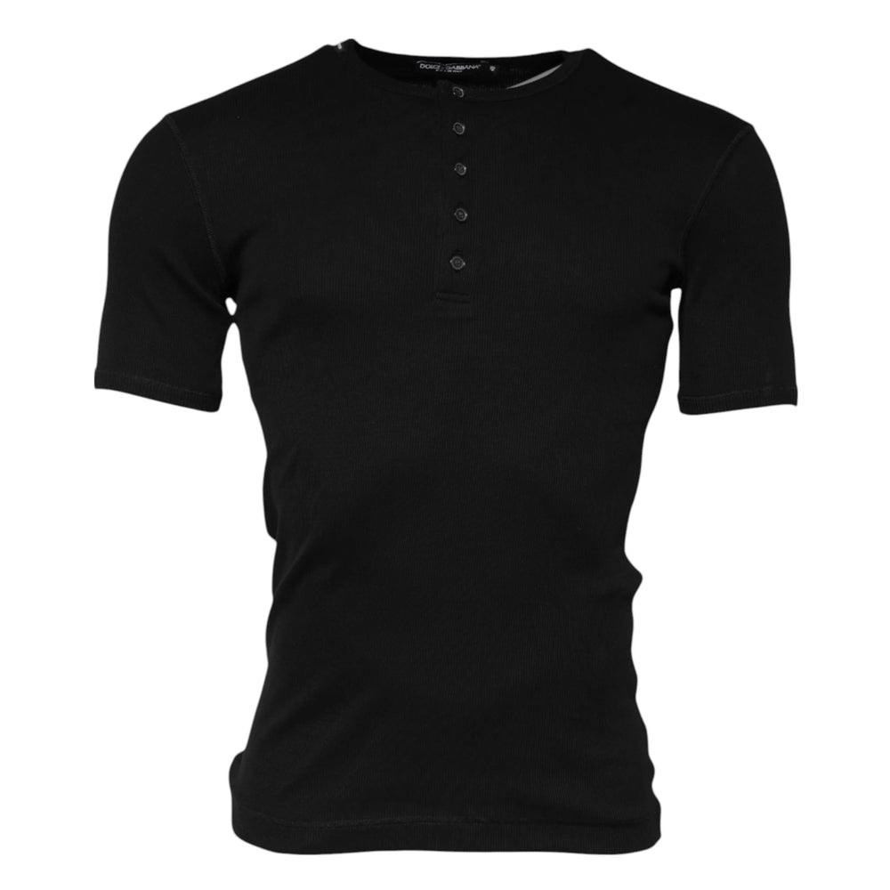 Dolce & Gabbana Black Cotton Knit Crew Neck Henley T-shirt - IT48 | M - T-Shirts