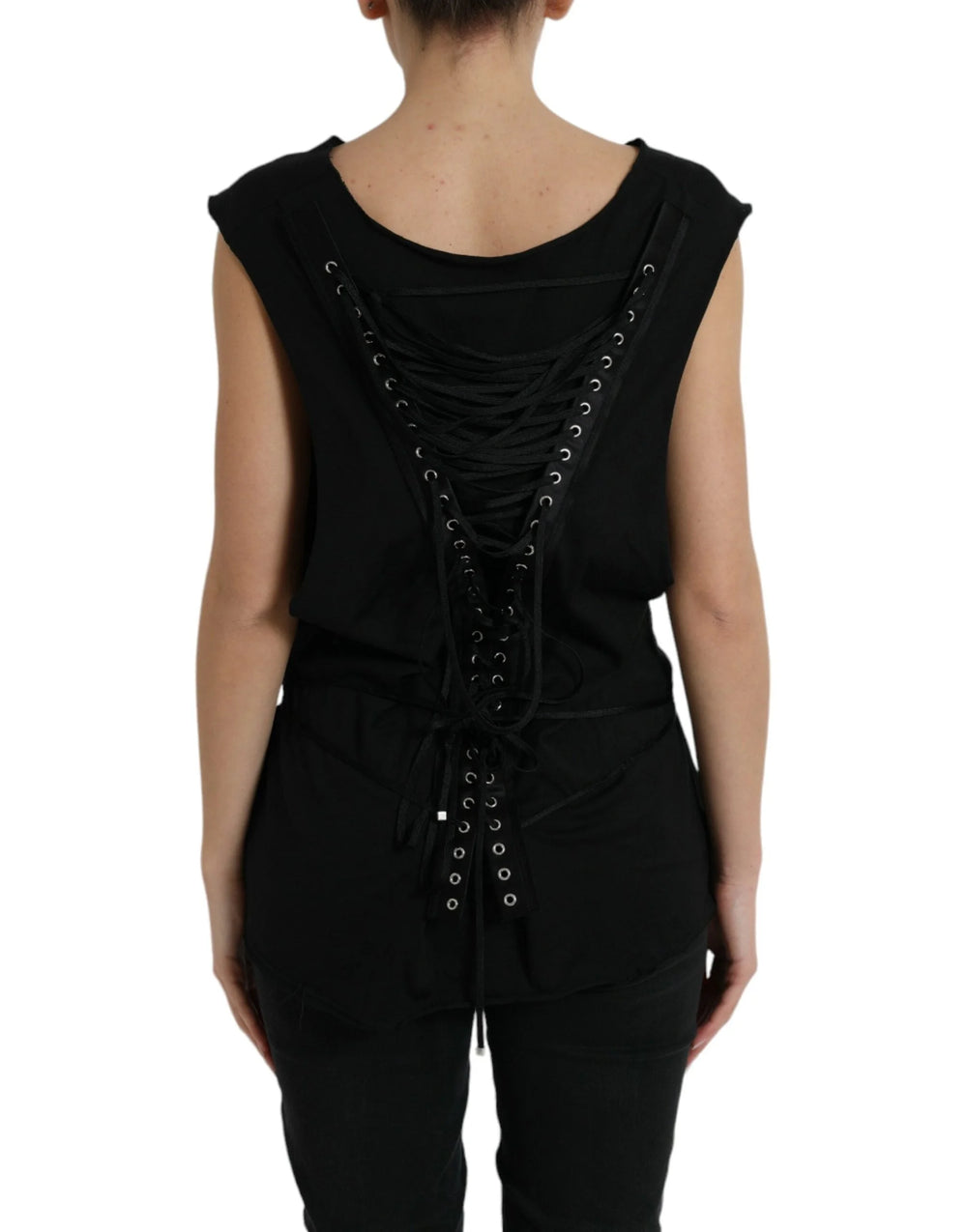Dolce & Gabbana Black Cotton Lace Up Logo Round Neck Tank Top - IT42|M - Tank Tops