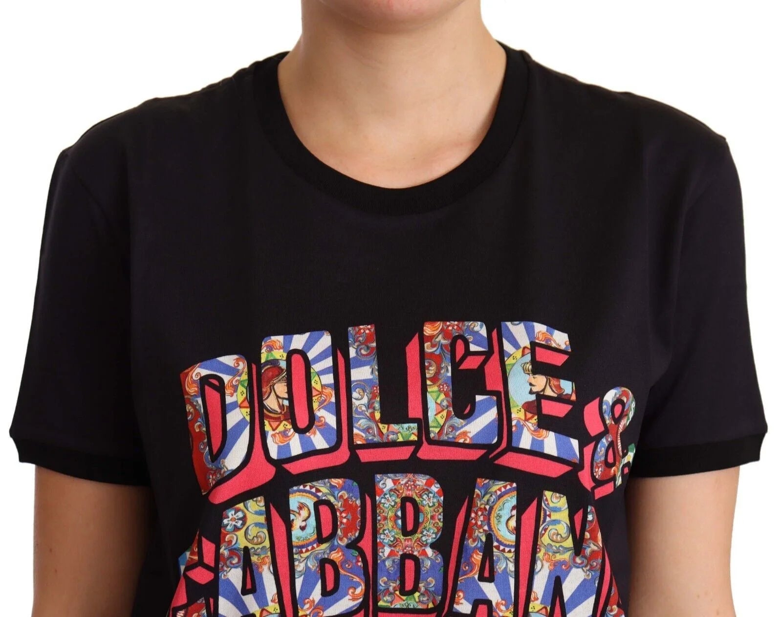 Dolce & Gabbana Black Cotton Large Print Top Crewneck T-shirt - IT44|L - T-Shirts