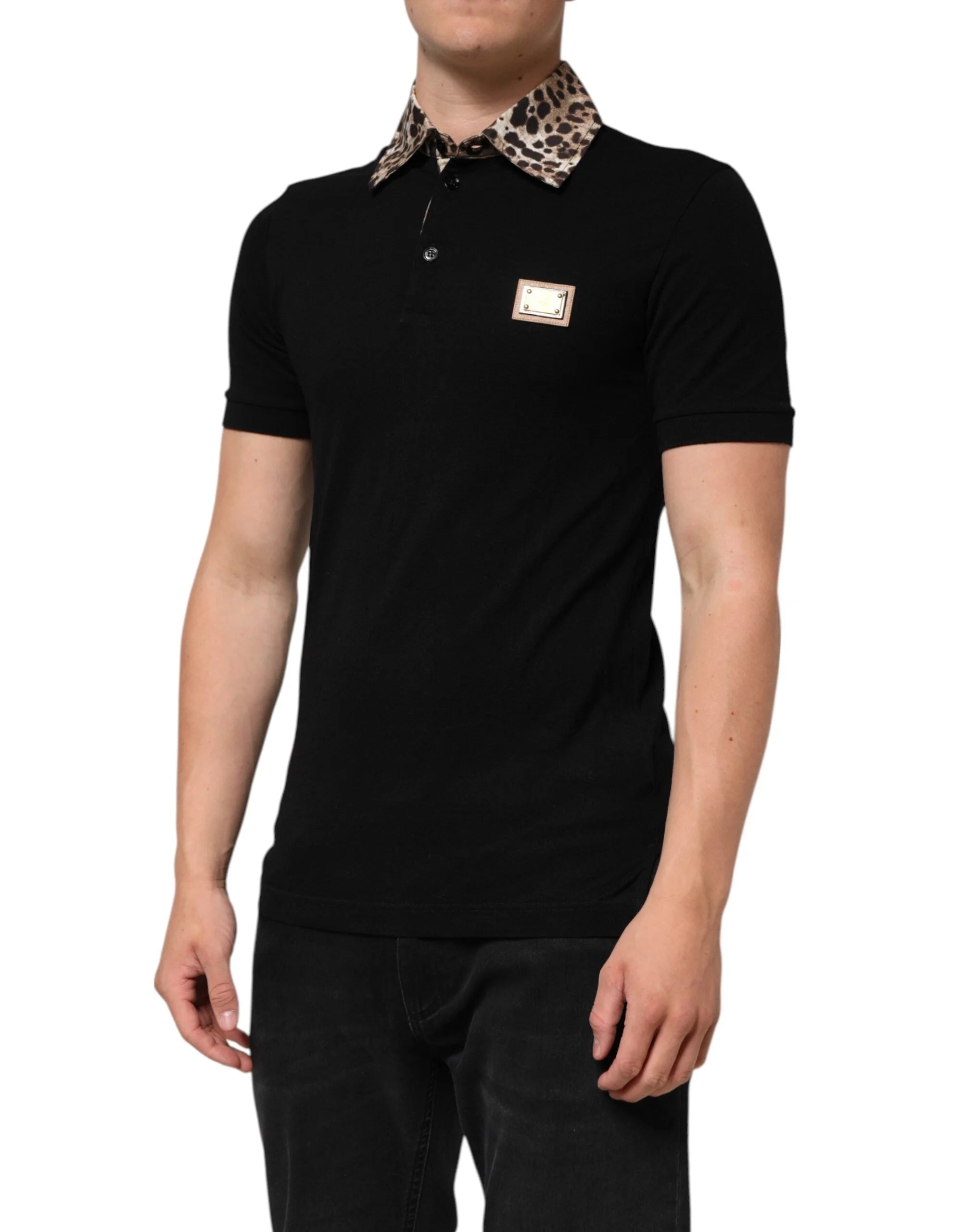 Dolce & Gabbana Black Cotton Leopard Collar Polo T-shirt - IT44 | XS