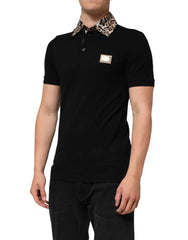 Dolce & Gabbana Black Cotton Leopard Collar Polo T-shirt - IT44 | XS