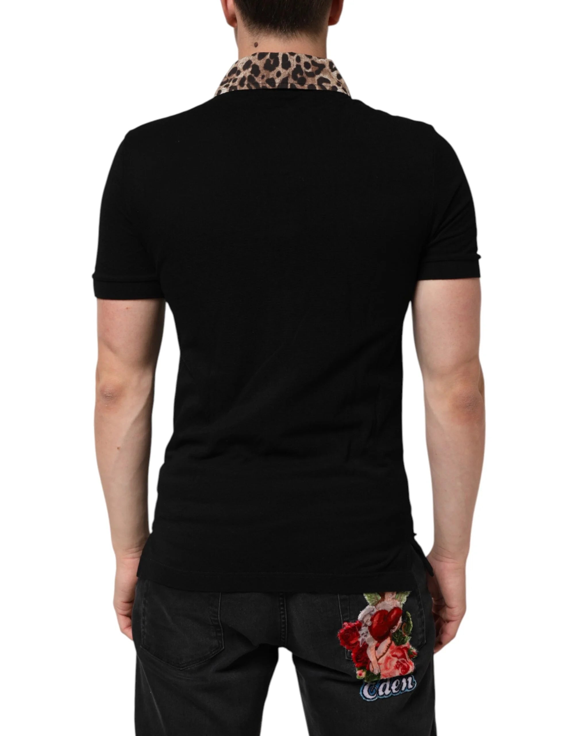 Dolce & Gabbana Black Cotton Leopard Collar Polo T-shirt - IT44 | XS
