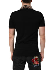 Dolce & Gabbana Black Cotton Leopard Collar Polo T-shirt - IT44 | XS