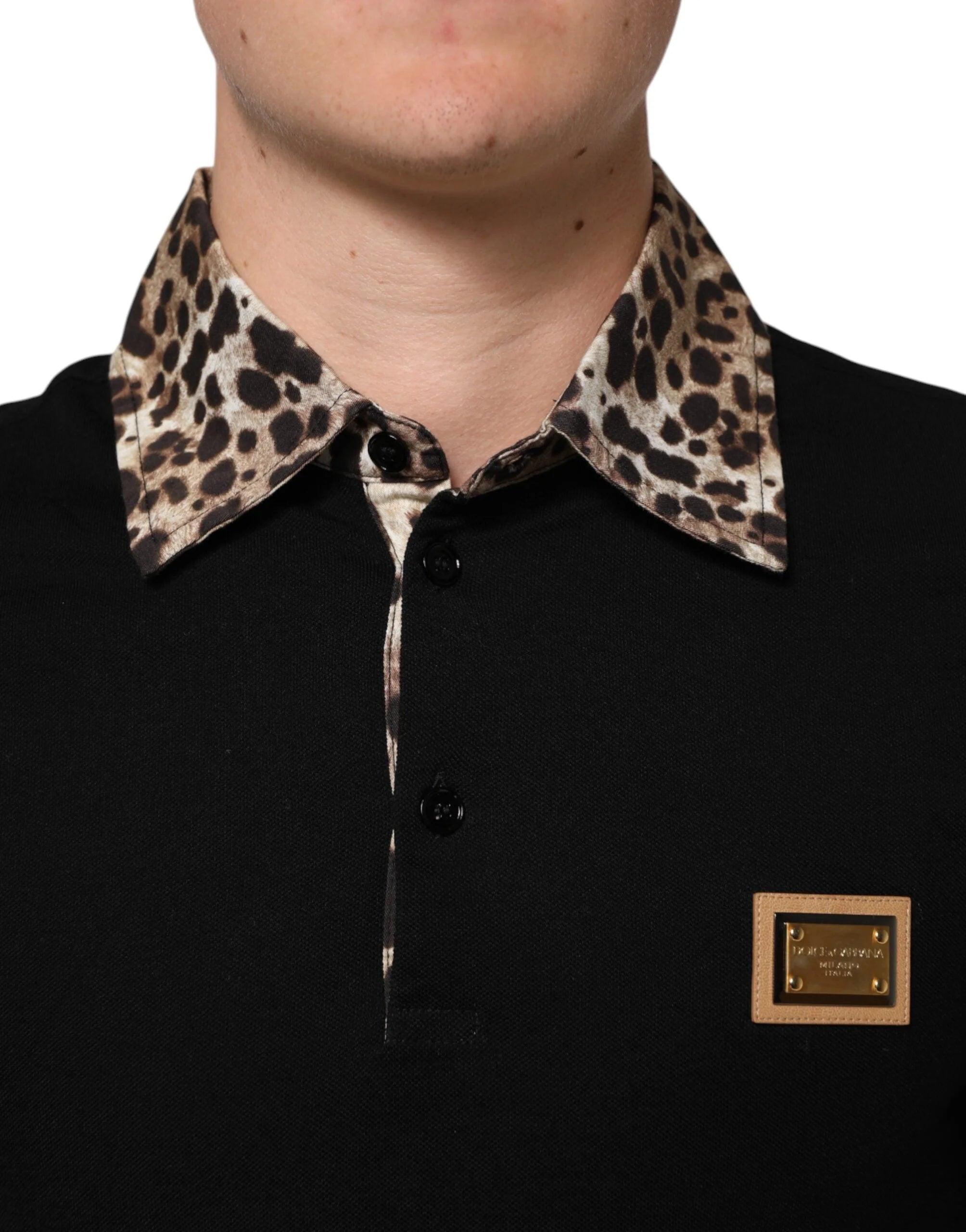 Dolce & Gabbana Black Cotton Leopard Collar Polo T-shirt - IT44 | XS