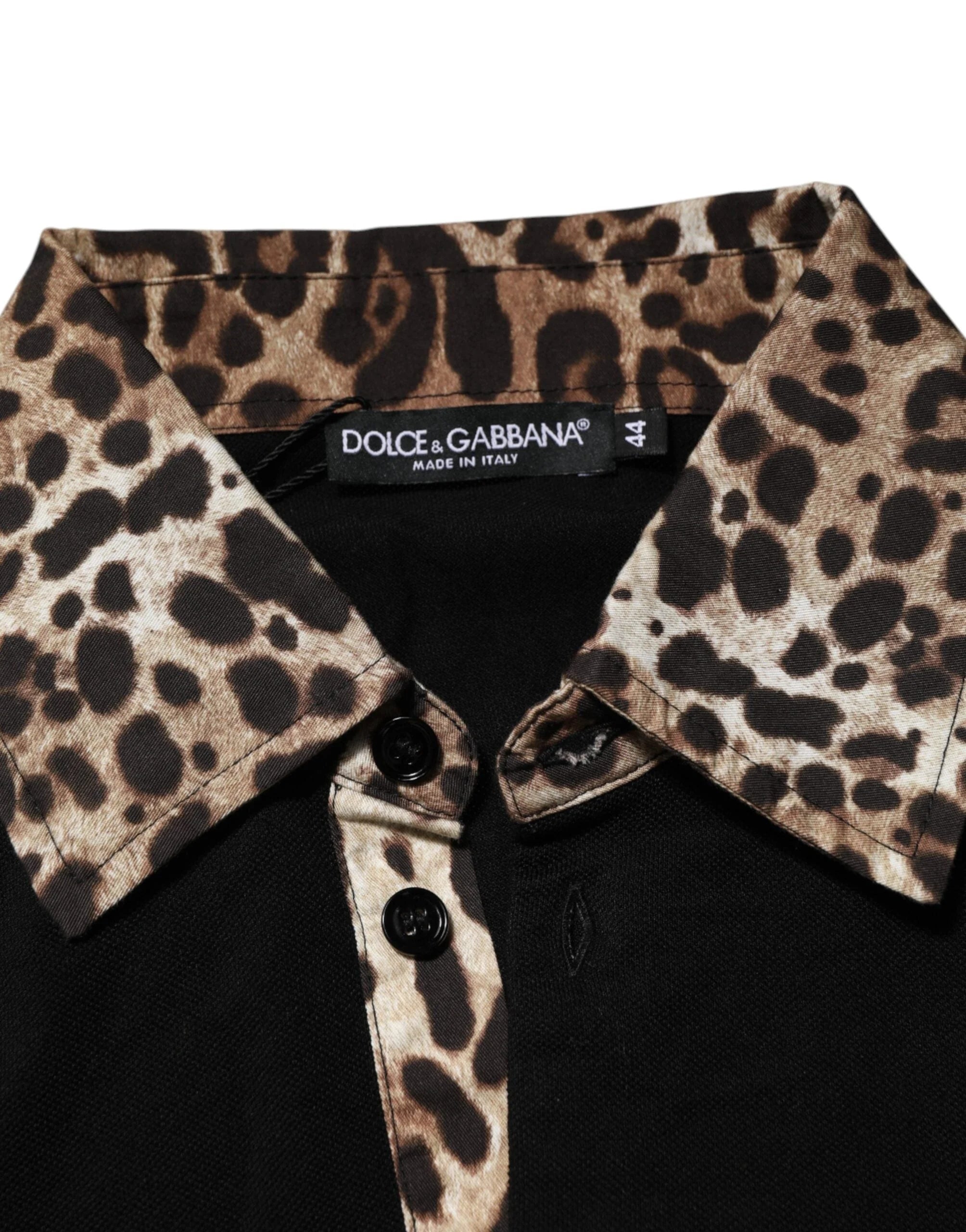 Dolce & Gabbana Black Cotton Leopard Collar Polo T-shirt - IT44 | XS