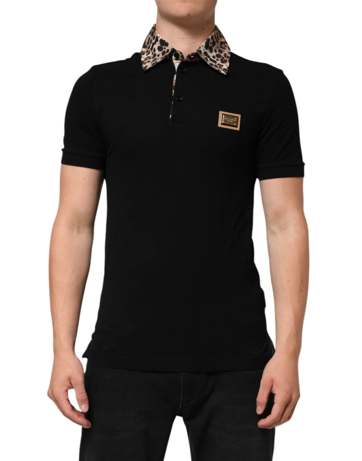 Dolce & Gabbana Black Cotton Leopard Collar Polo T-shirt - IT44 | XS