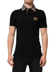 Dolce & Gabbana Black Cotton Leopard Collar Polo T-shirt - IT44 | XS