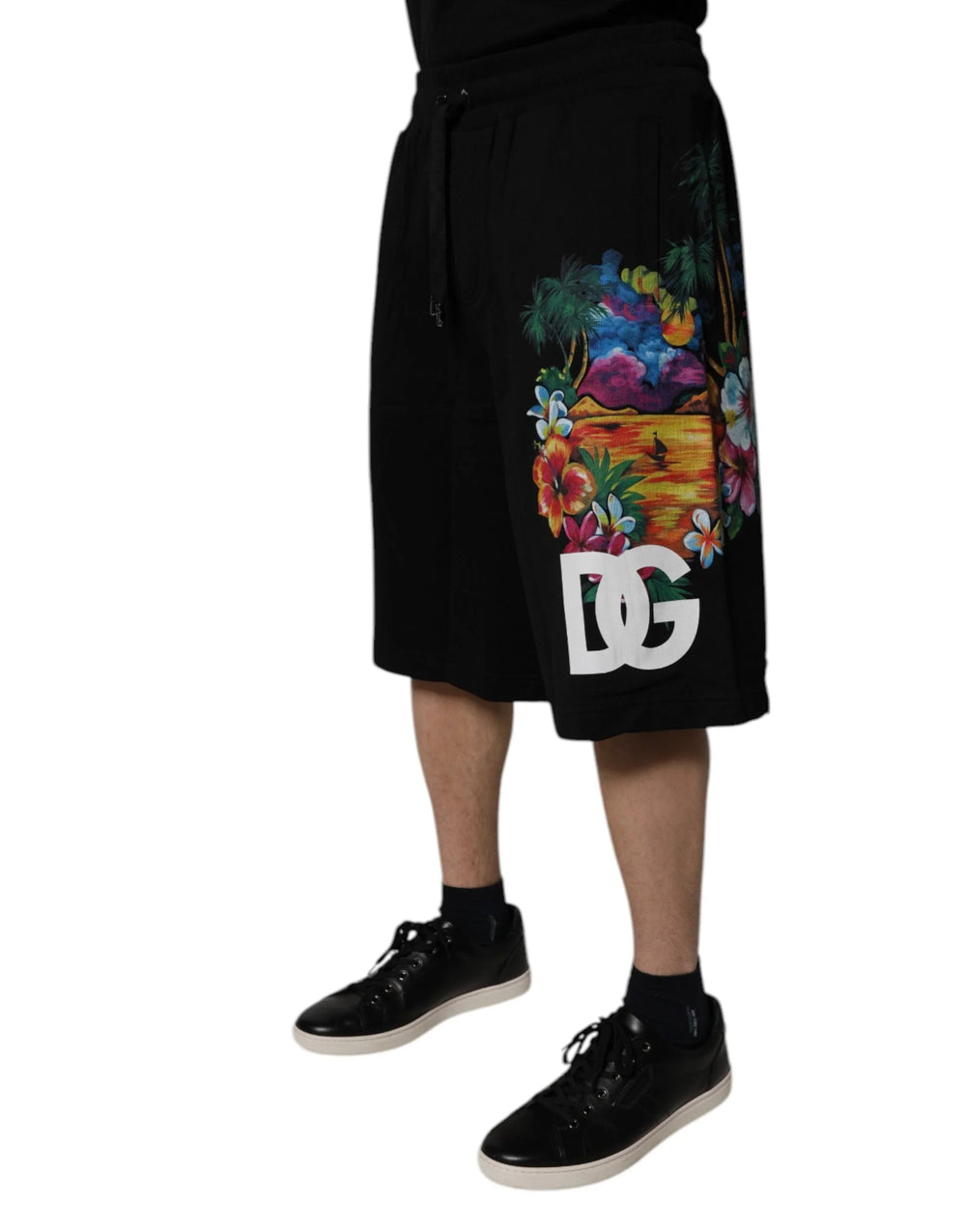 Dolce & Gabbana Black Cotton Logo Floral Print Bermuda Shorts - Bermudas