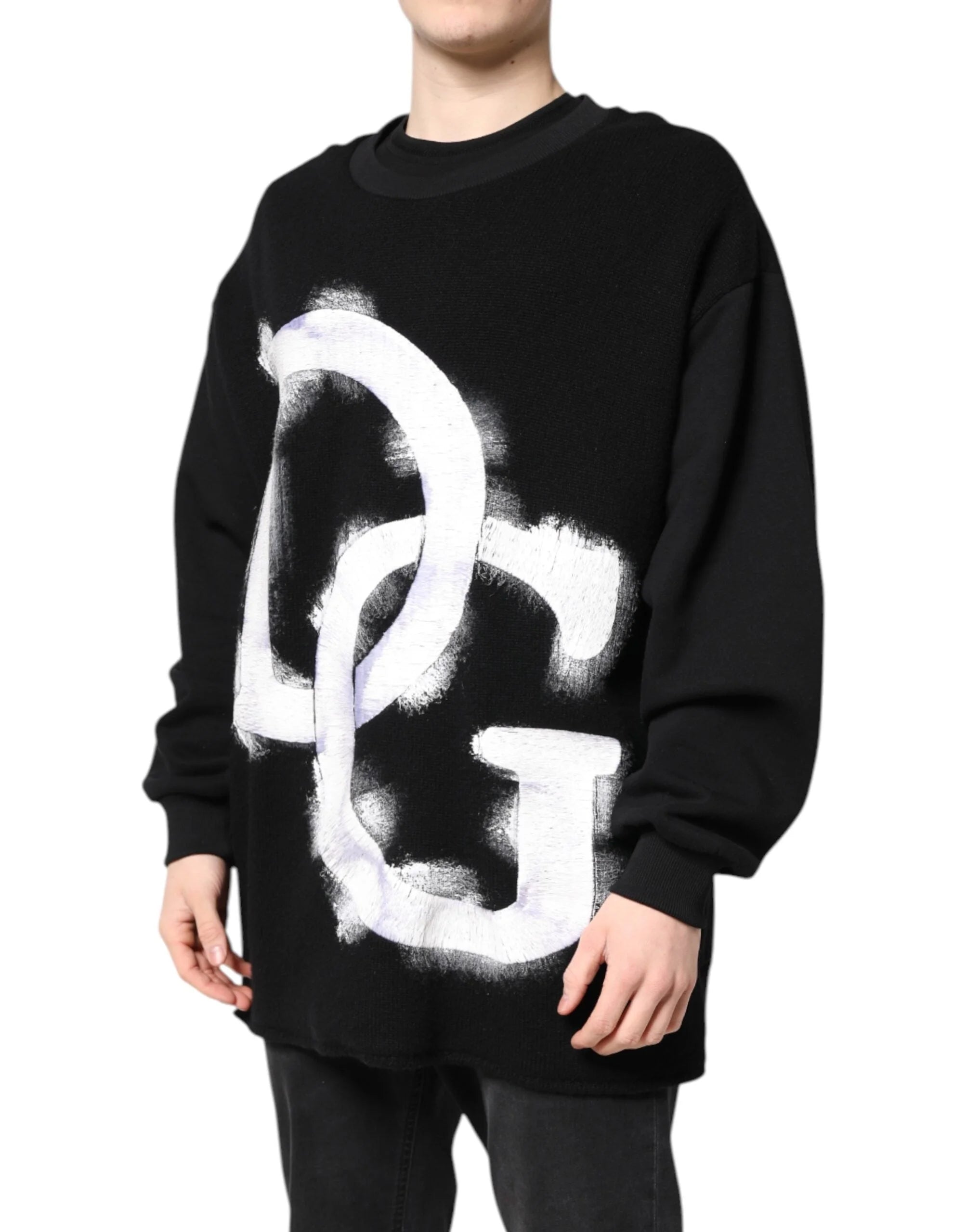Dolce & Gabbana Black Cotton Logo Print Men Pullover Sweater - IT50 | L - Sweaters