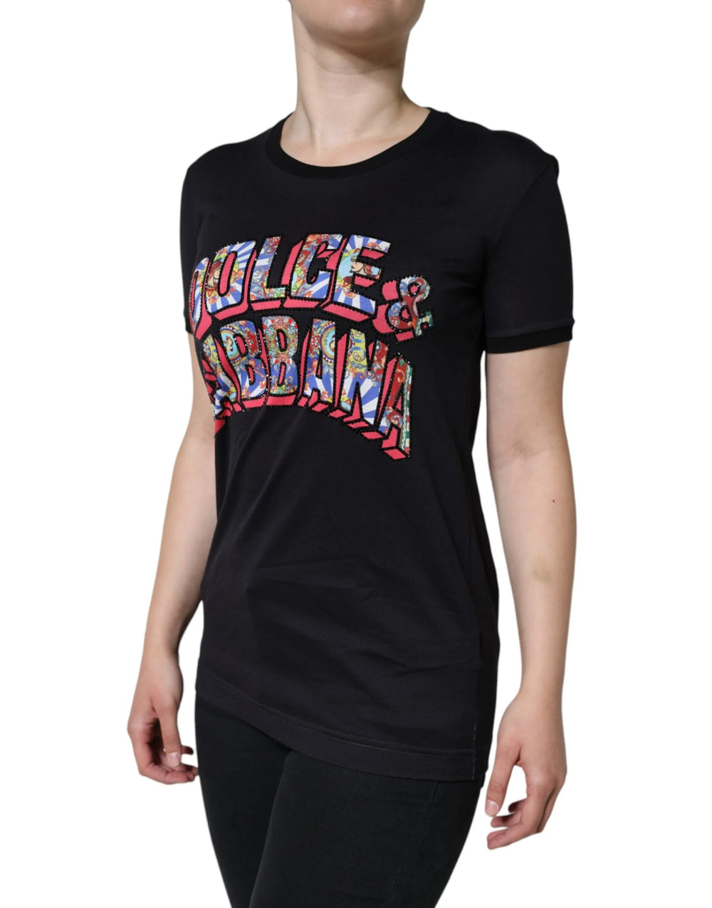 Dolce & Gabbana Black Cotton Logo Print Round Neck T-shirt - IT36 | XS - T-Shirts