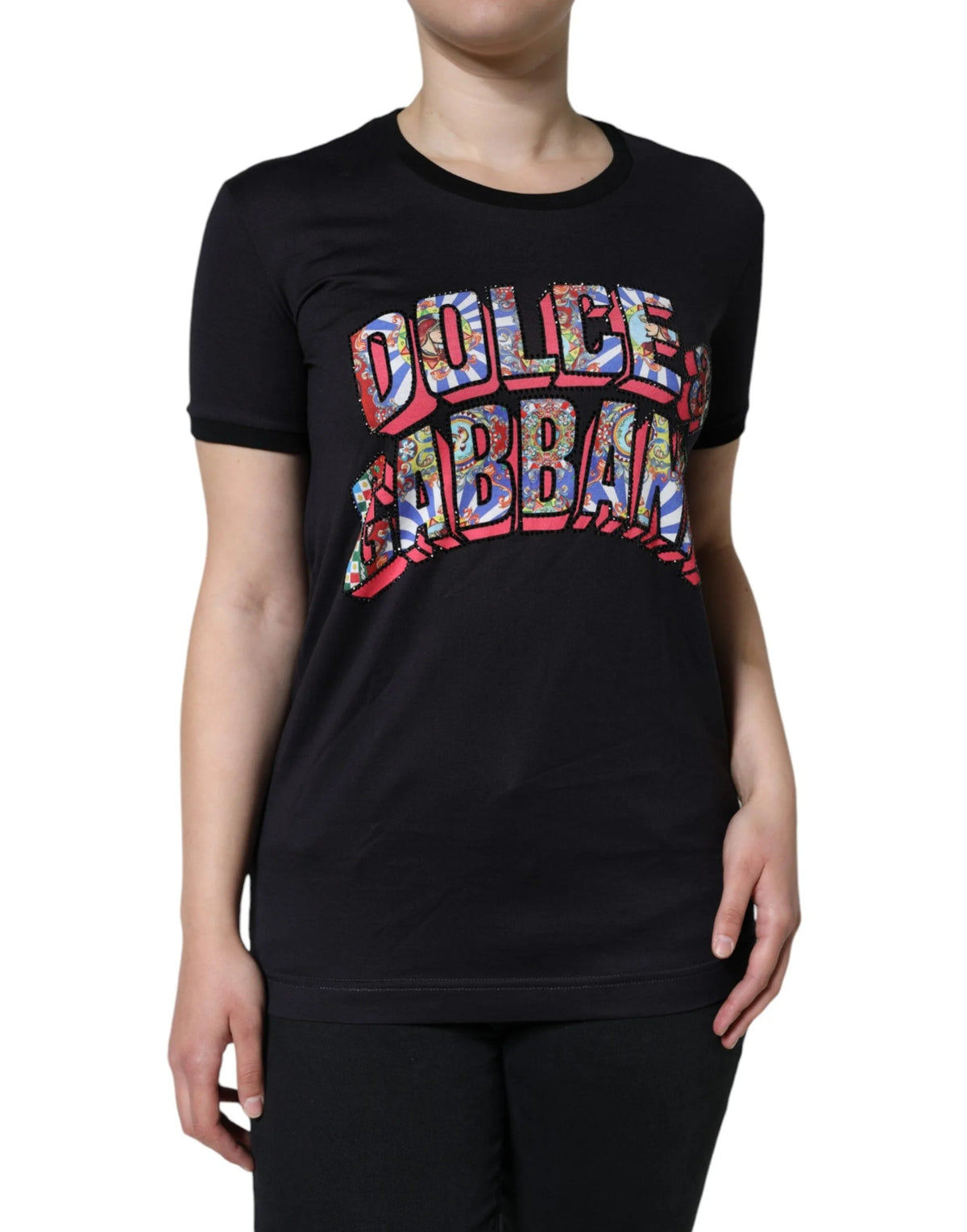 Dolce & Gabbana Black Cotton Logo Print Round Neck T-shirt - IT36 | XS - T-Shirts