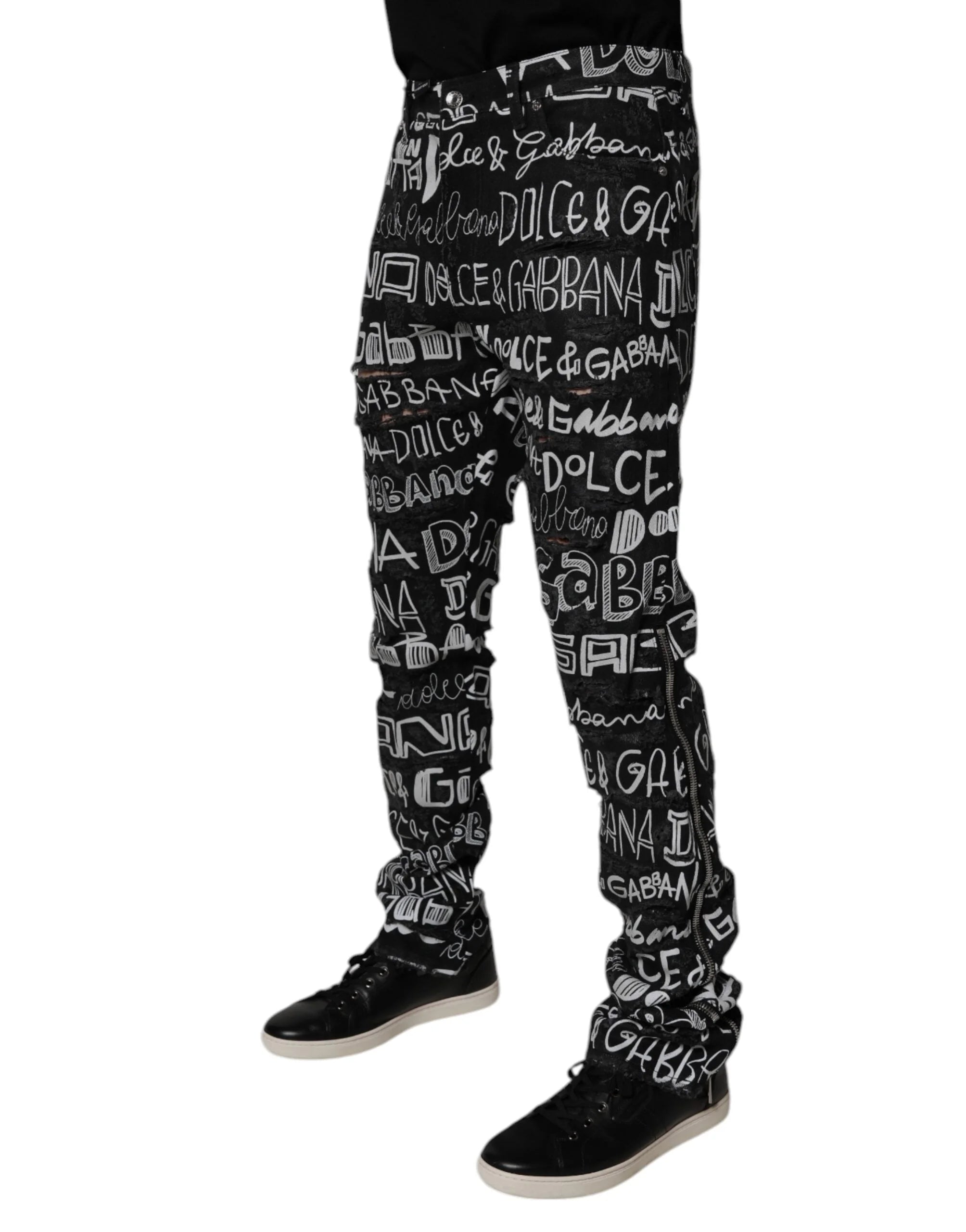 Dolce & Gabbana Black Cotton Logo Print Straight Denim Jeans - IT48 | M - Jeans
