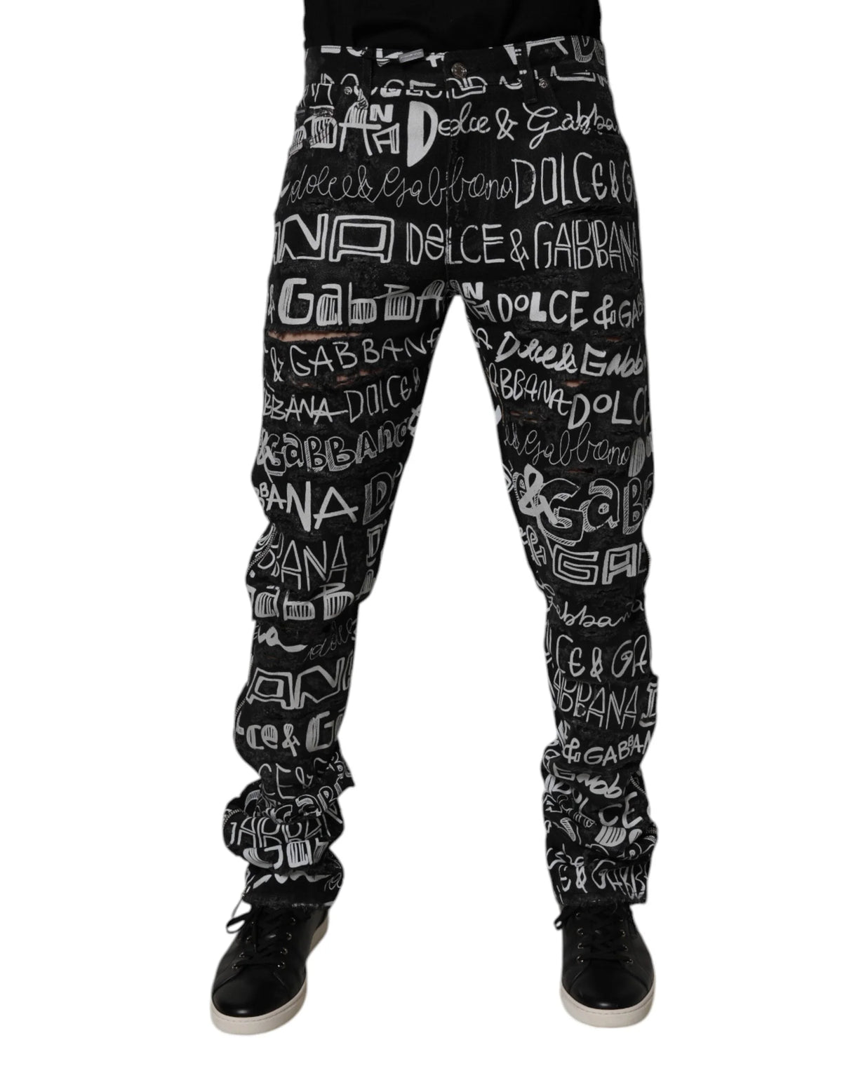 Dolce & Gabbana Black Cotton Logo Print Straight Denim Jeans - IT48 | M