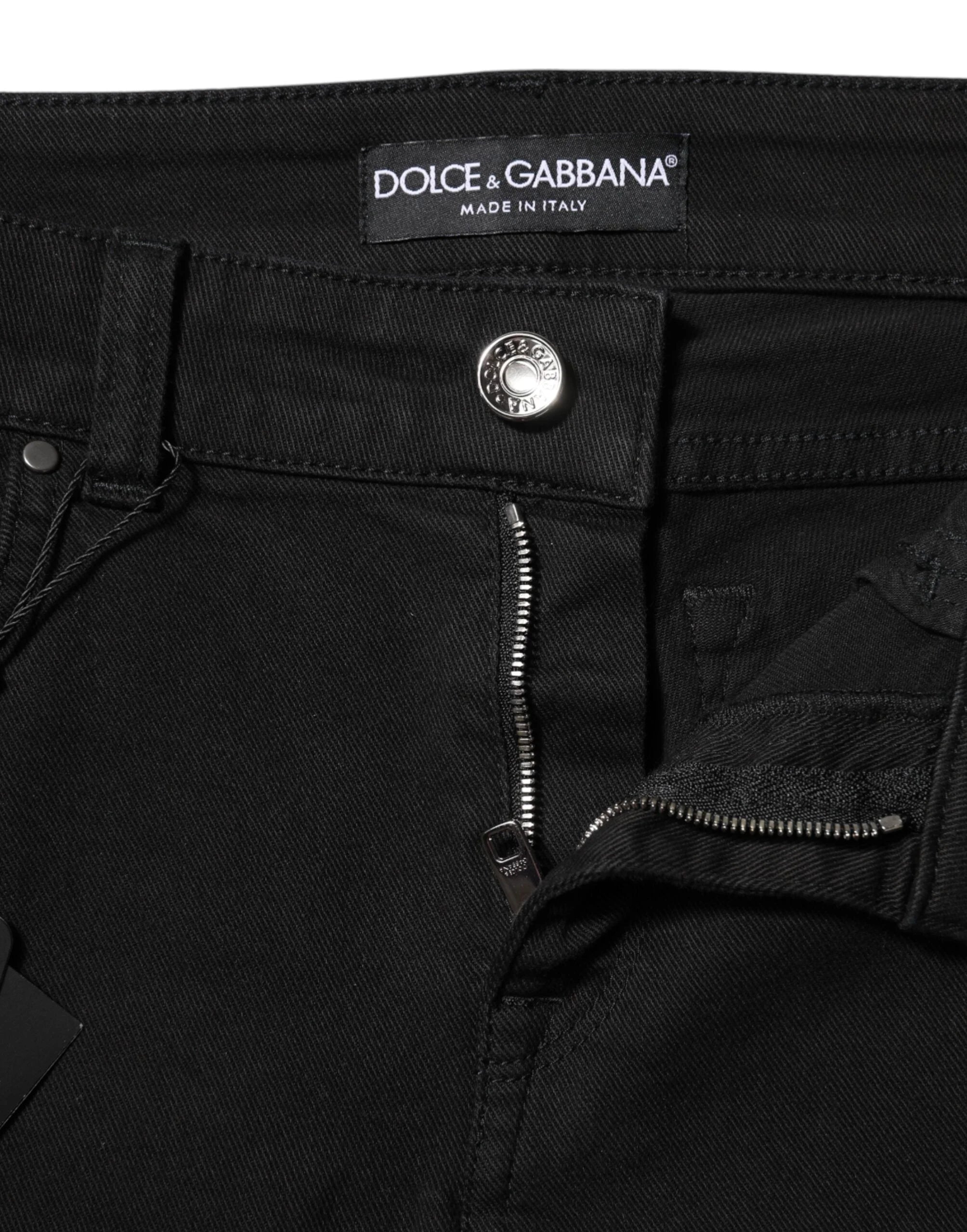 Dolce & Gabbana Black Cotton Logo Skinny Mid Waist Denim Jeans - Jeans