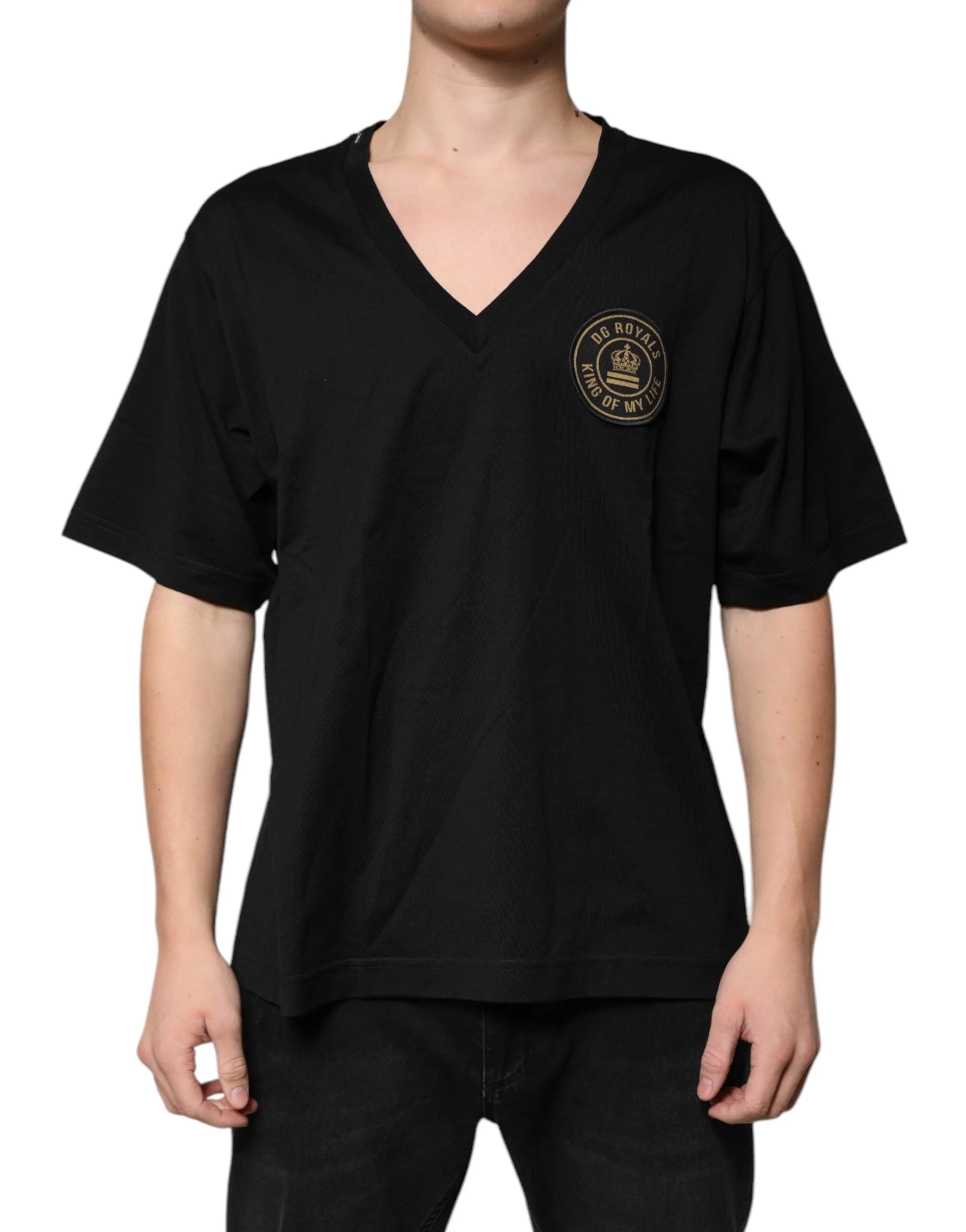 Dolce & Gabbana Black Cotton Logo Vneck Short Sleeve T-shirt - T-Shirts