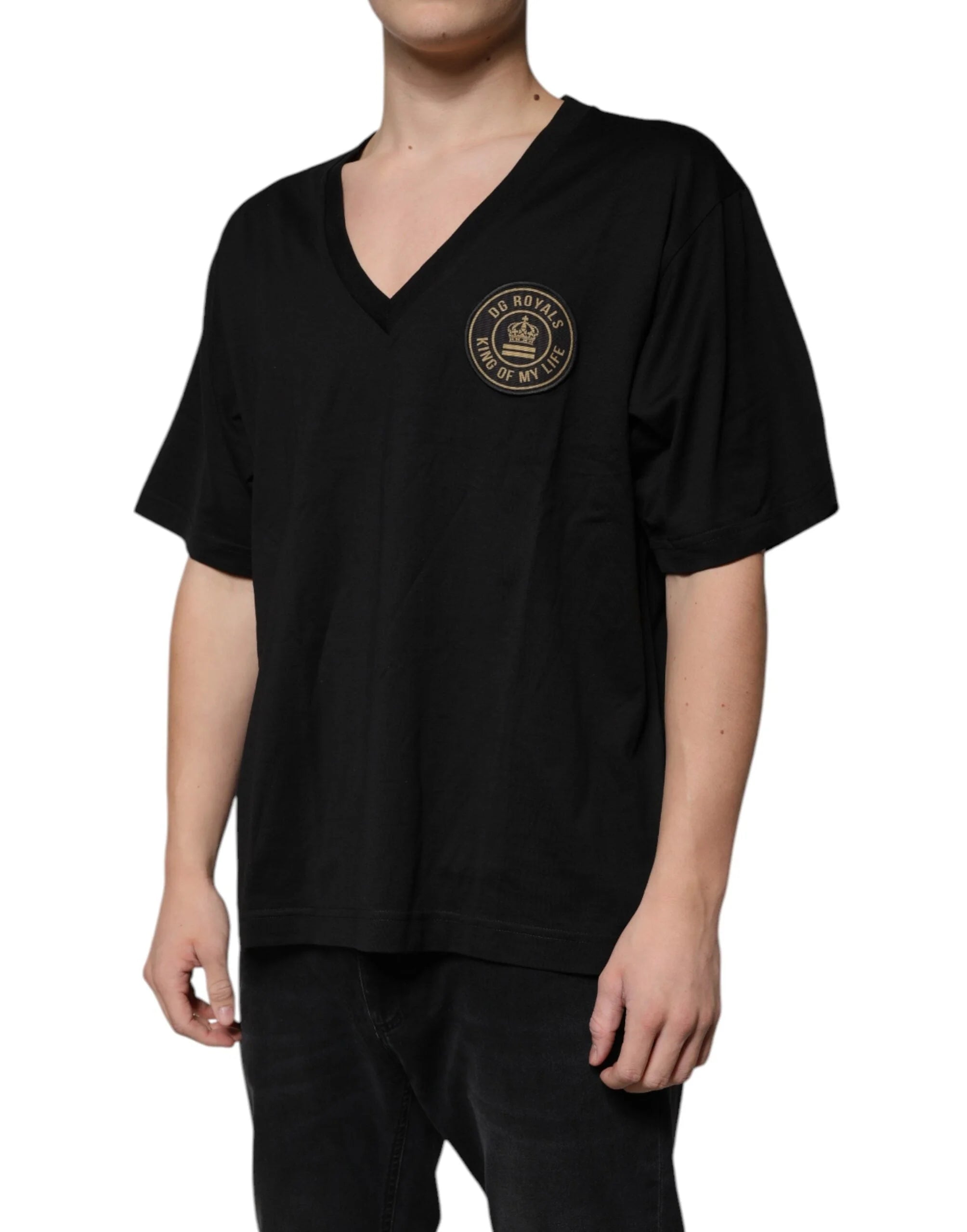 Dolce & Gabbana Black Cotton Logo Vneck Short Sleeve T-shirt - T-Shirts