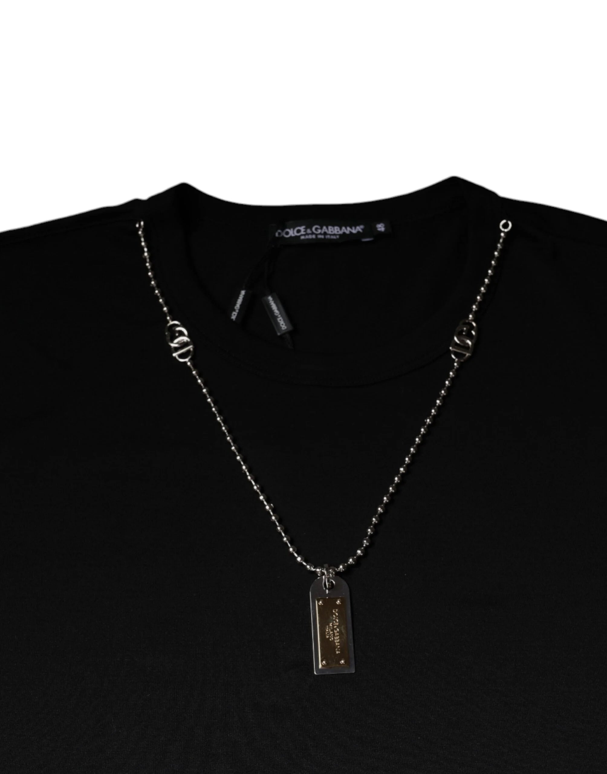 Dolce & Gabbana Black Cotton Necklace Embellished T-shirt - T-Shirts