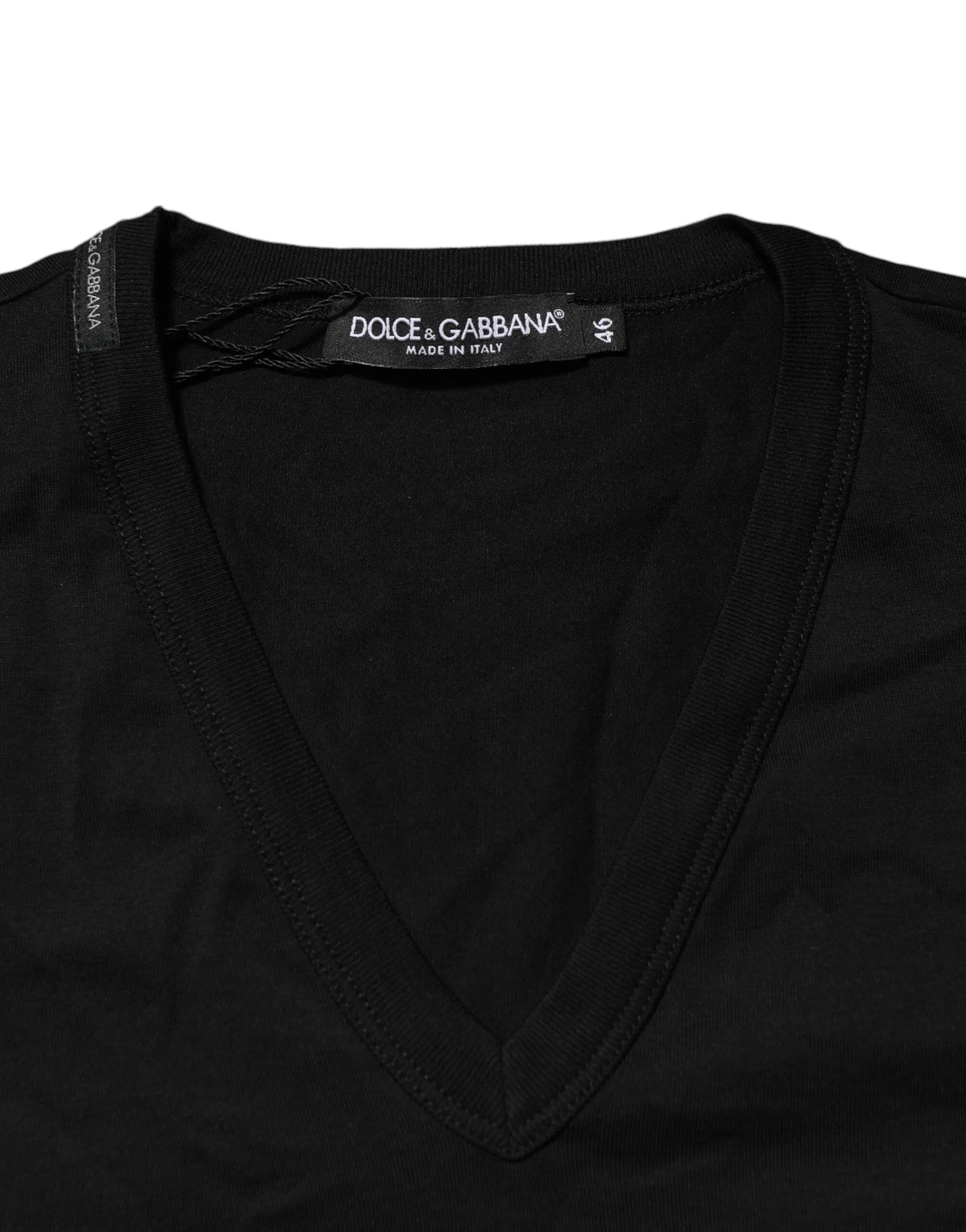 Dolce & Gabbana Black Cotton Plain V-Neck Men Shirt T-shirt - T-Shirts