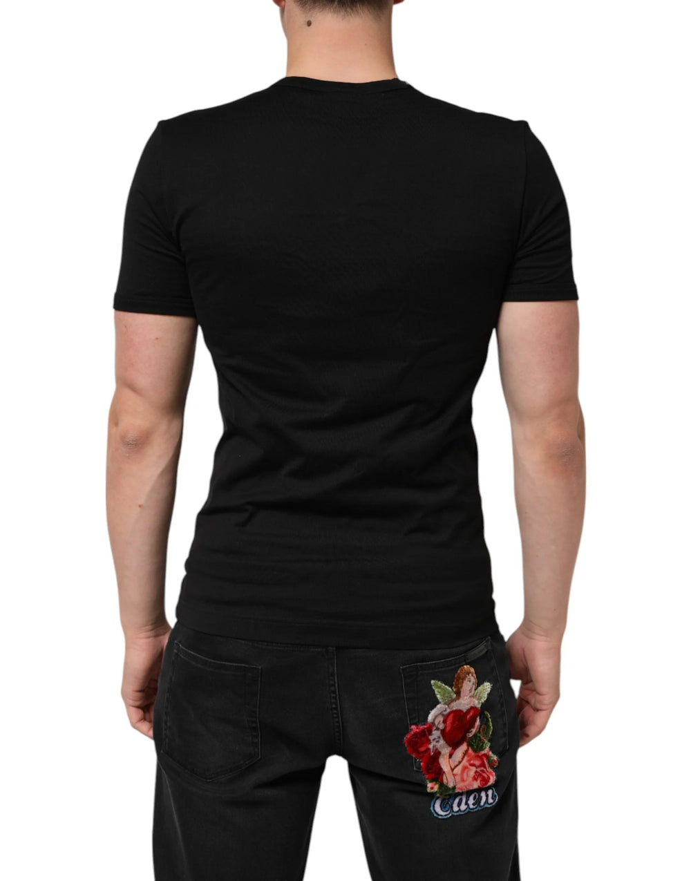 Dolce & Gabbana Black Cotton Plain V-Neck Men Shirt T-shirt - T-Shirts