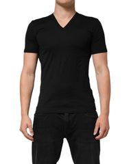 Dolce & Gabbana Black Cotton Plain V-Neck Men Shirt T-shirt - T-Shirts