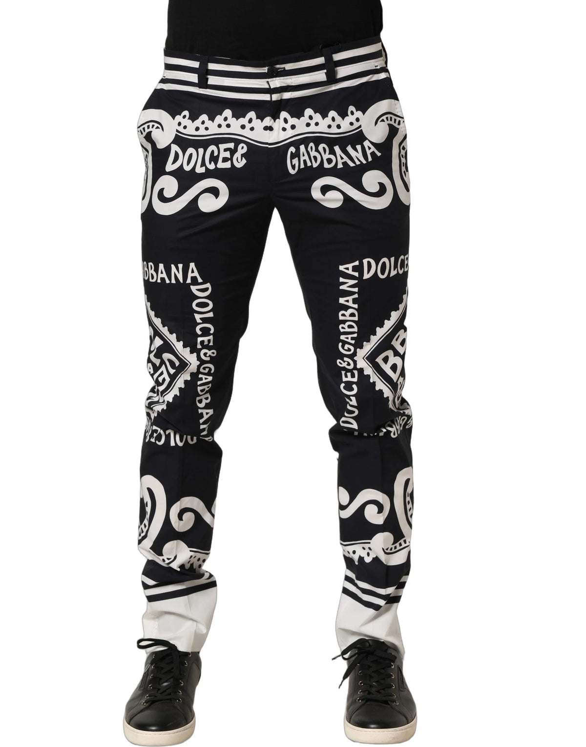 Dolce & Gabbana Black Cotton Poplin MarinaPrint Trouser Pants - IT48 | M