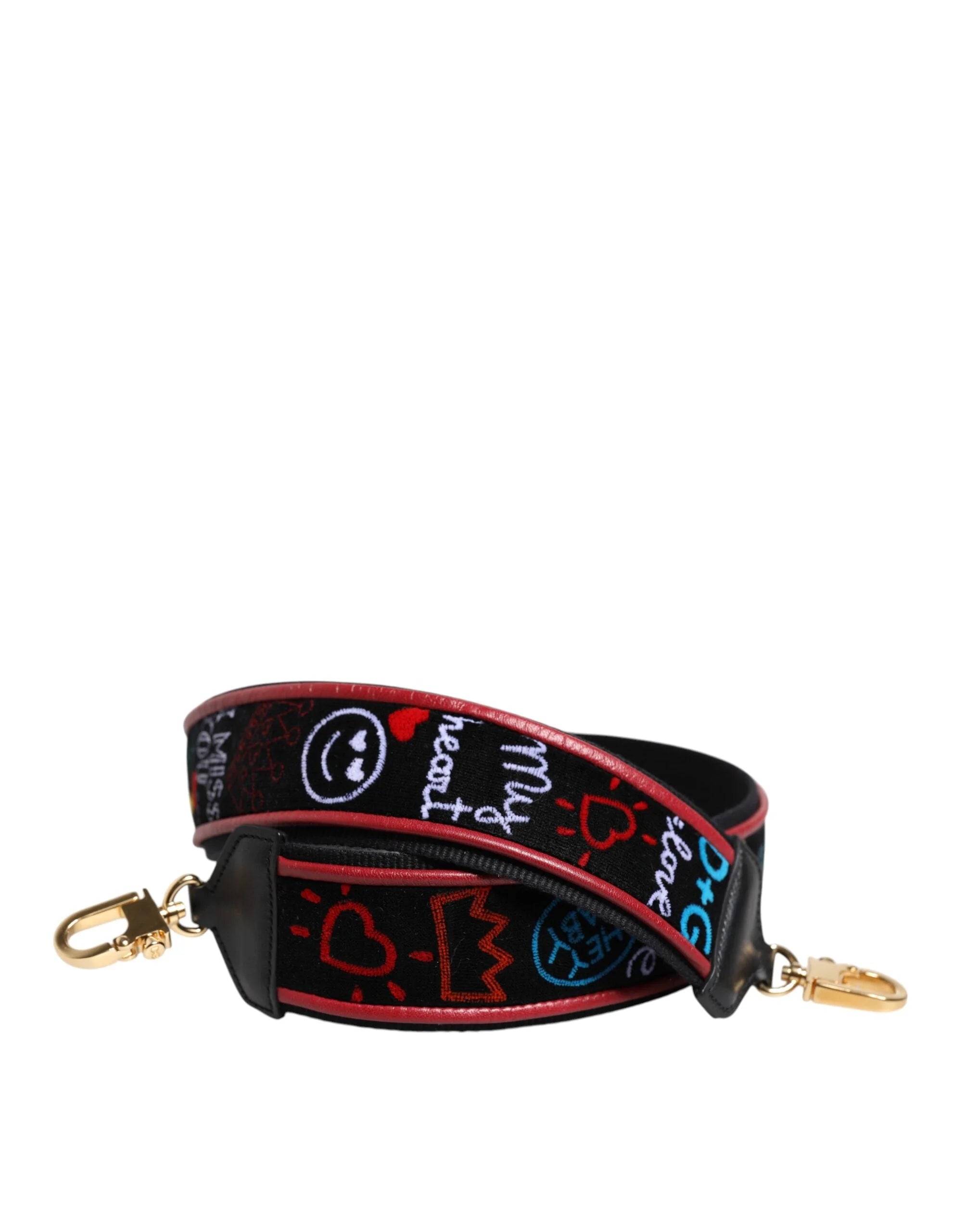 Curea de umăr reglabilă Dolce & Gabbana din bumbac negru și piele de vițel, cu imprimeu logo alb pentru gențile de damă.