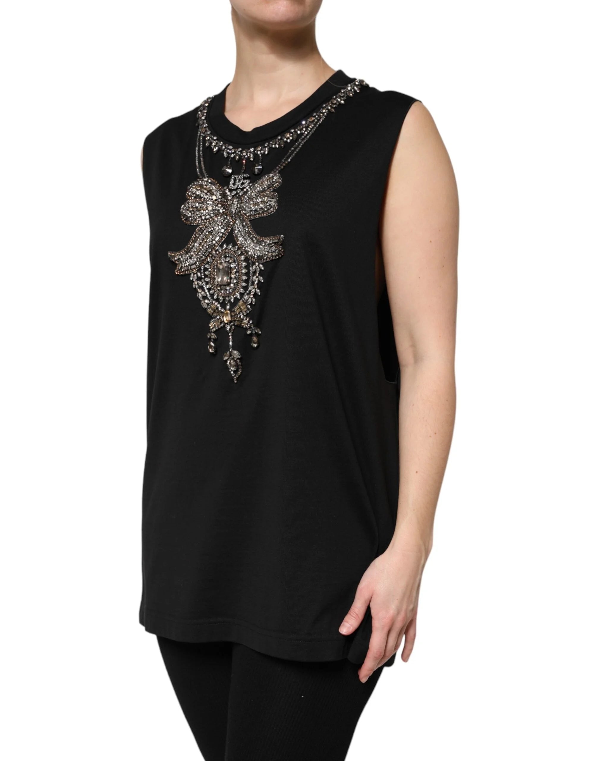 Dolce & Gabbana Black Cotton Rhinestone Embellished Tank Top - IT40|S - Tank Tops