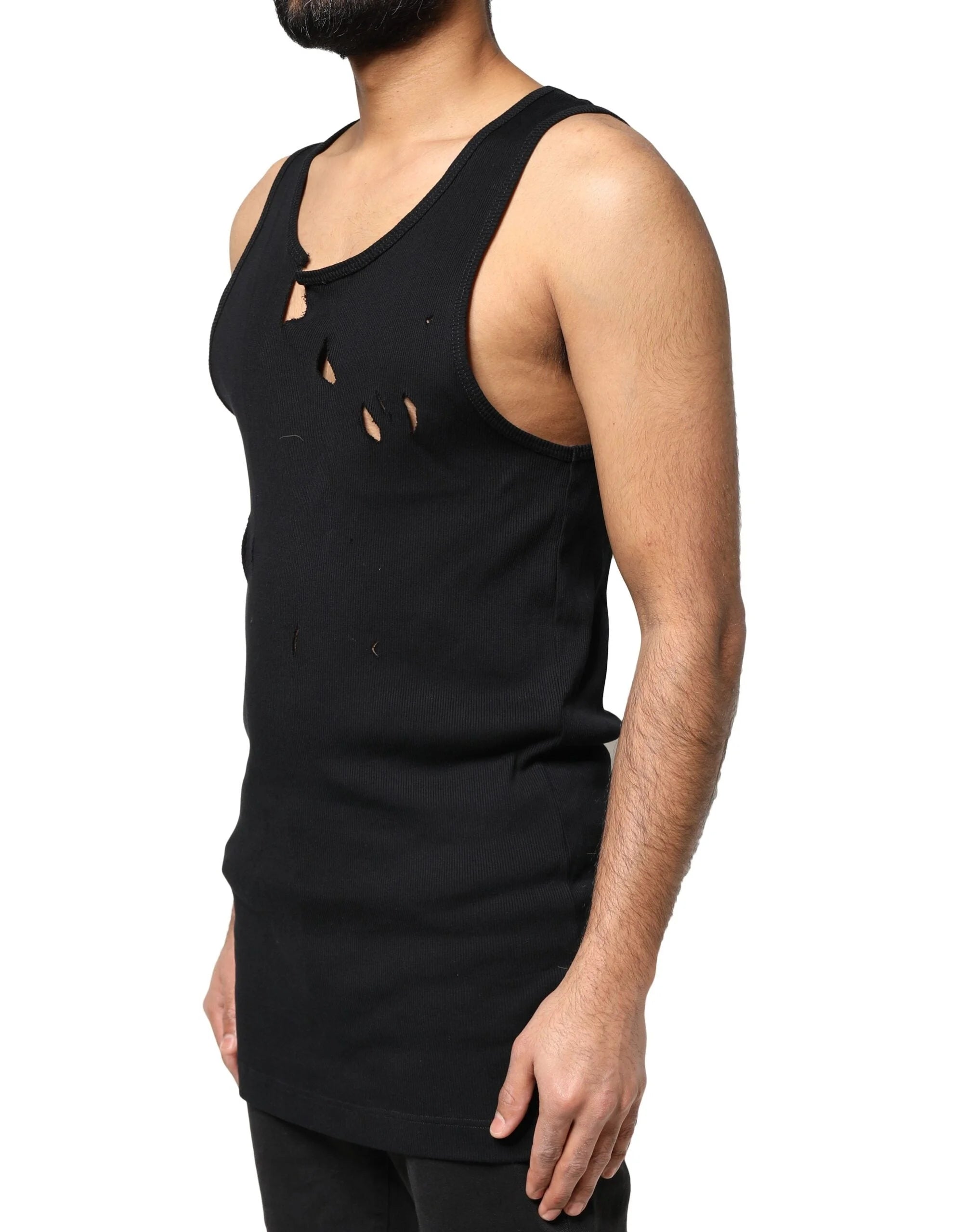 Dolce & Gabbana Black Cotton Rip Style Sleeveless Men Tank T-shirt - IT52 | XL - Tank Tops