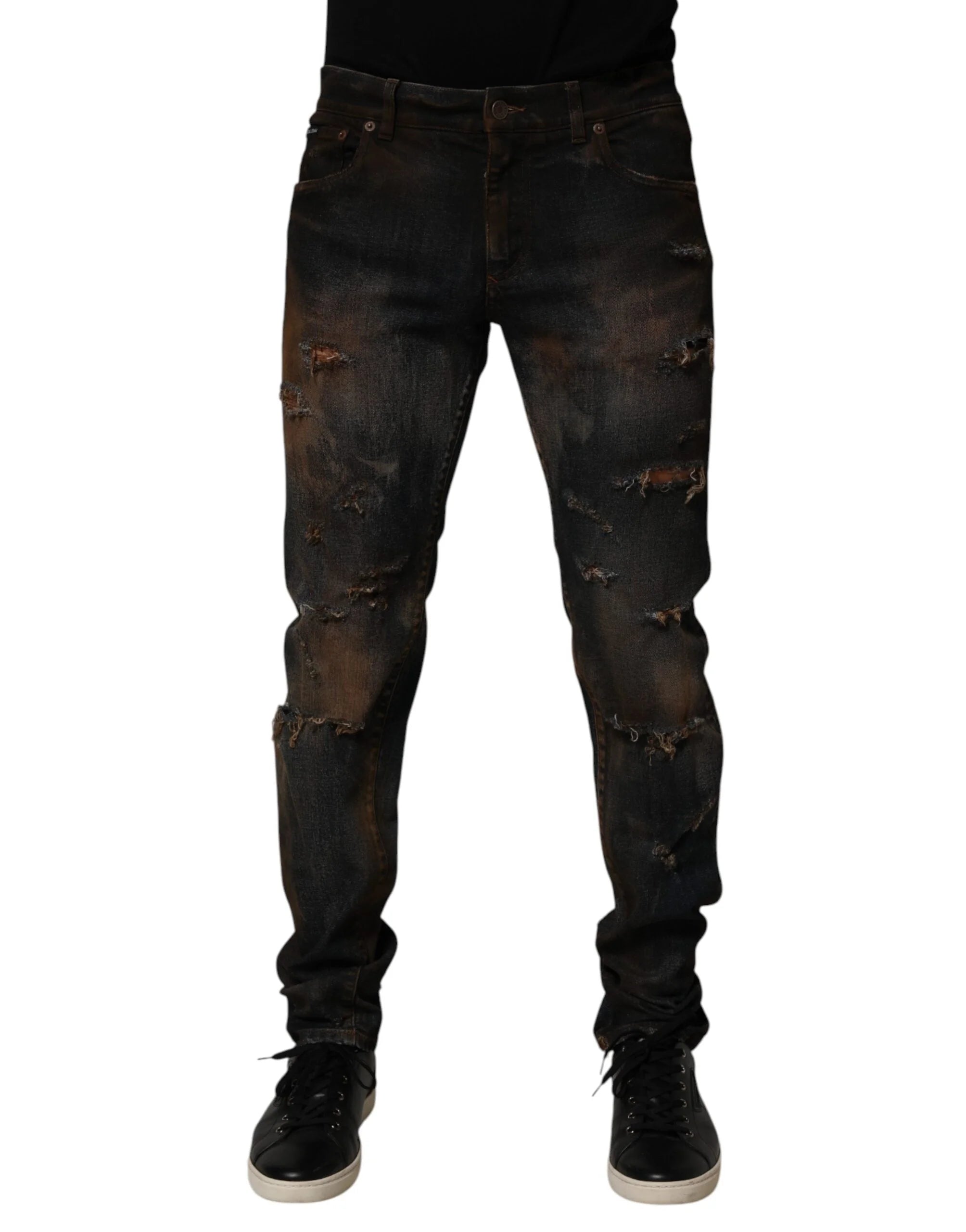 Dolce & Gabbana Black Cotton Skinny Tattered Men Denim Jeans - IT48 | M - Jeans