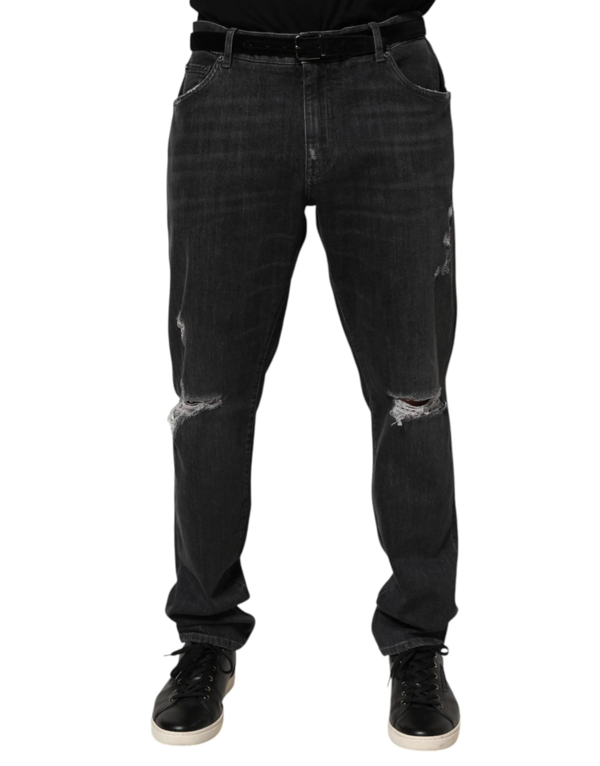 Dolce & Gabbana Black Cotton Slim Fit Distressed Ripped Logo Jeans - IT56 | XXL - Jeans
