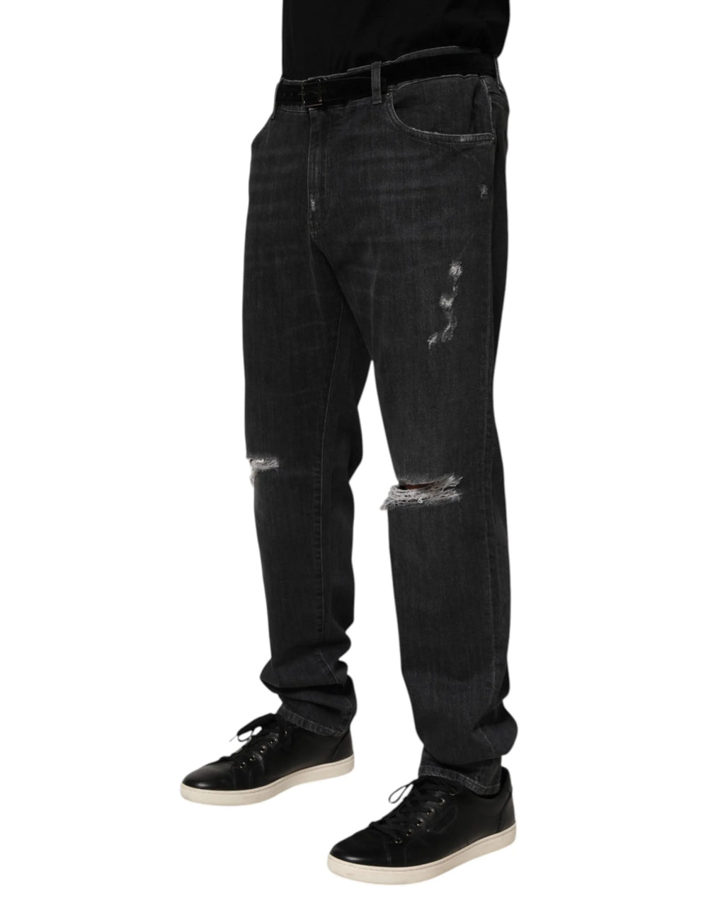 Dolce & Gabbana Black Cotton Slim Fit Distressed Ripped Logo Jeans - IT56 | XXL - Jeans