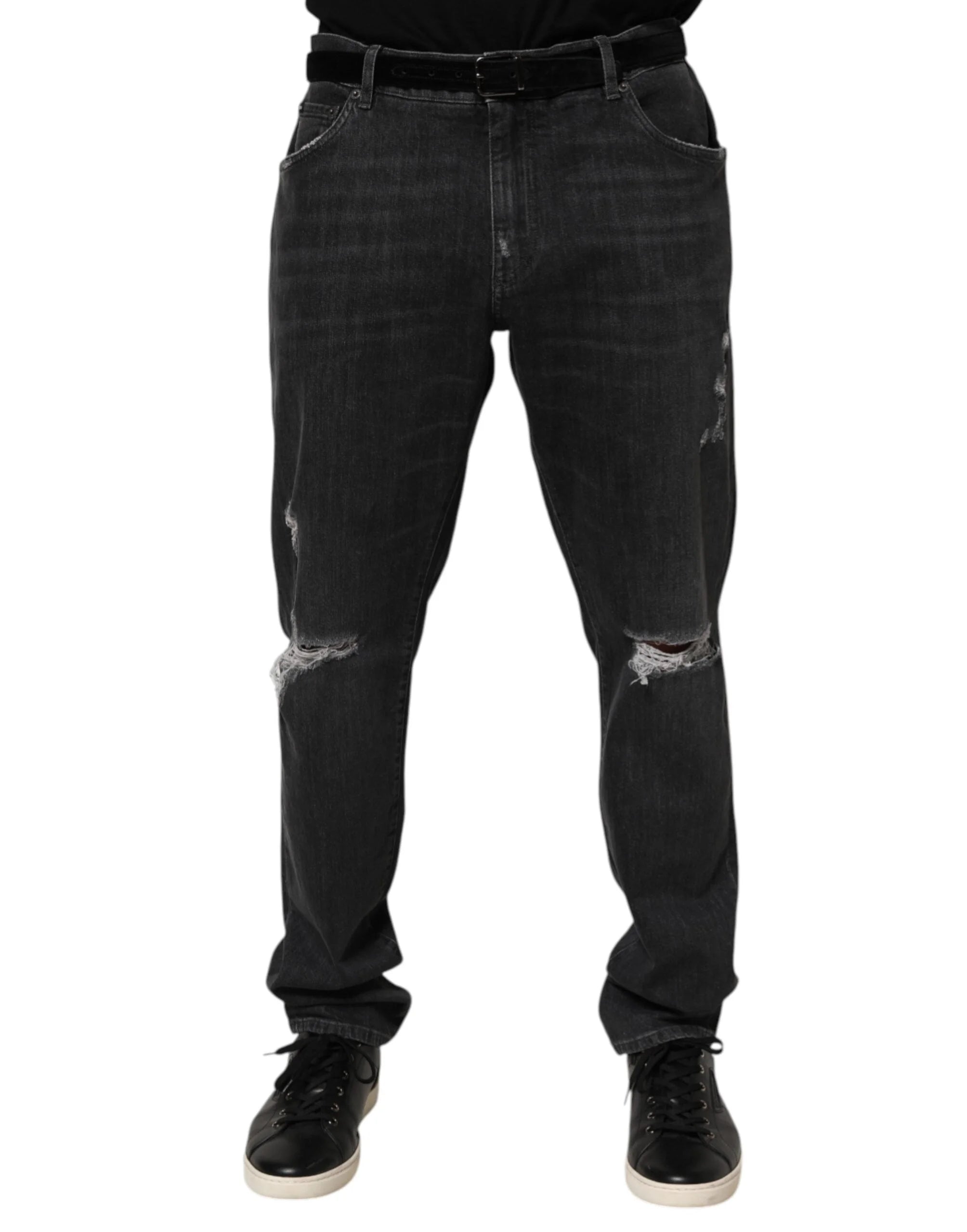Dolce & Gabbana Black Cotton Slim Fit Distressed Ripped Logo Jeans - IT56 | XXL - Jeans