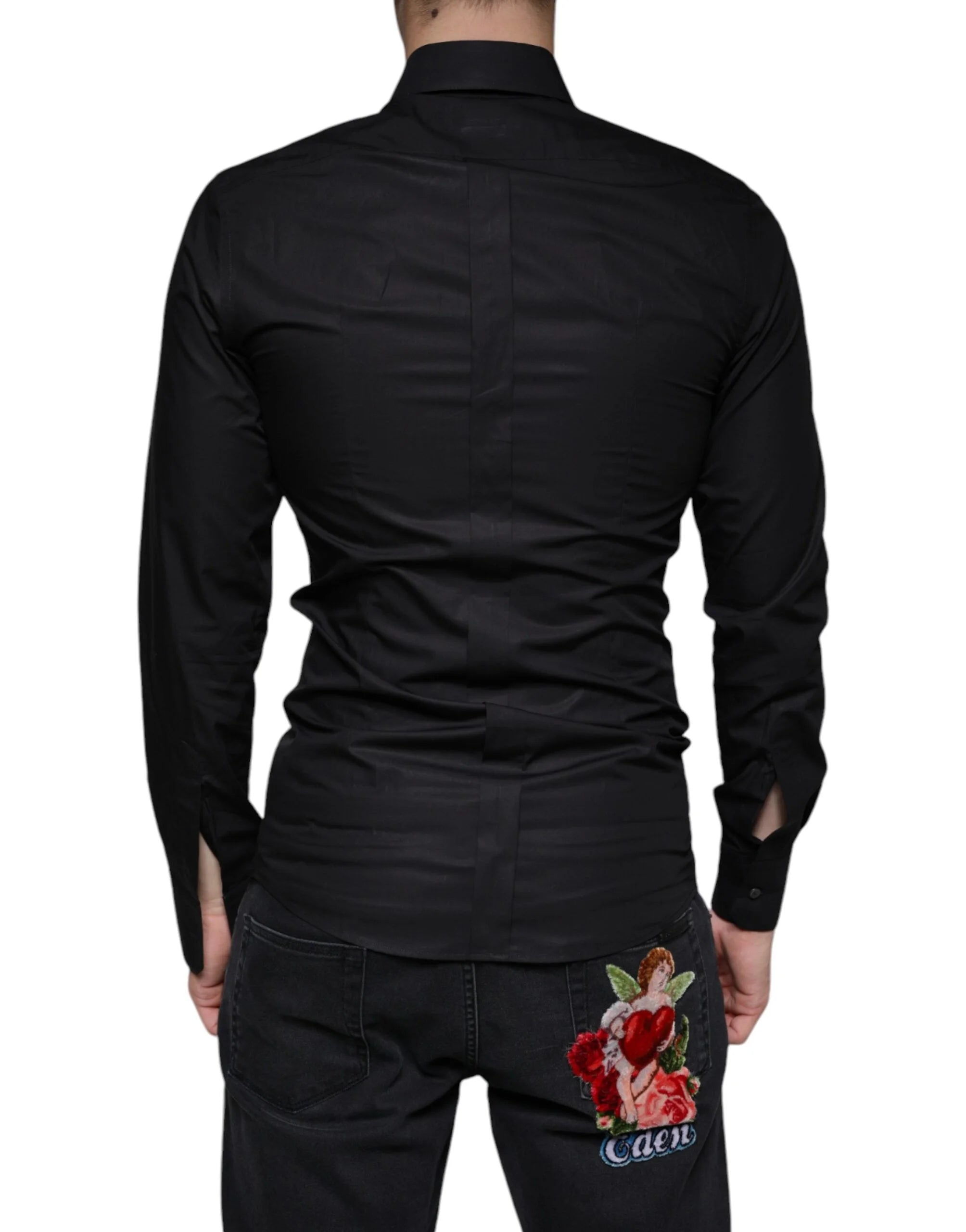 Dolce & Gabbana Black Cotton Stretch Dress GOLD Formal Shirt - IT38 | XS - Shirts